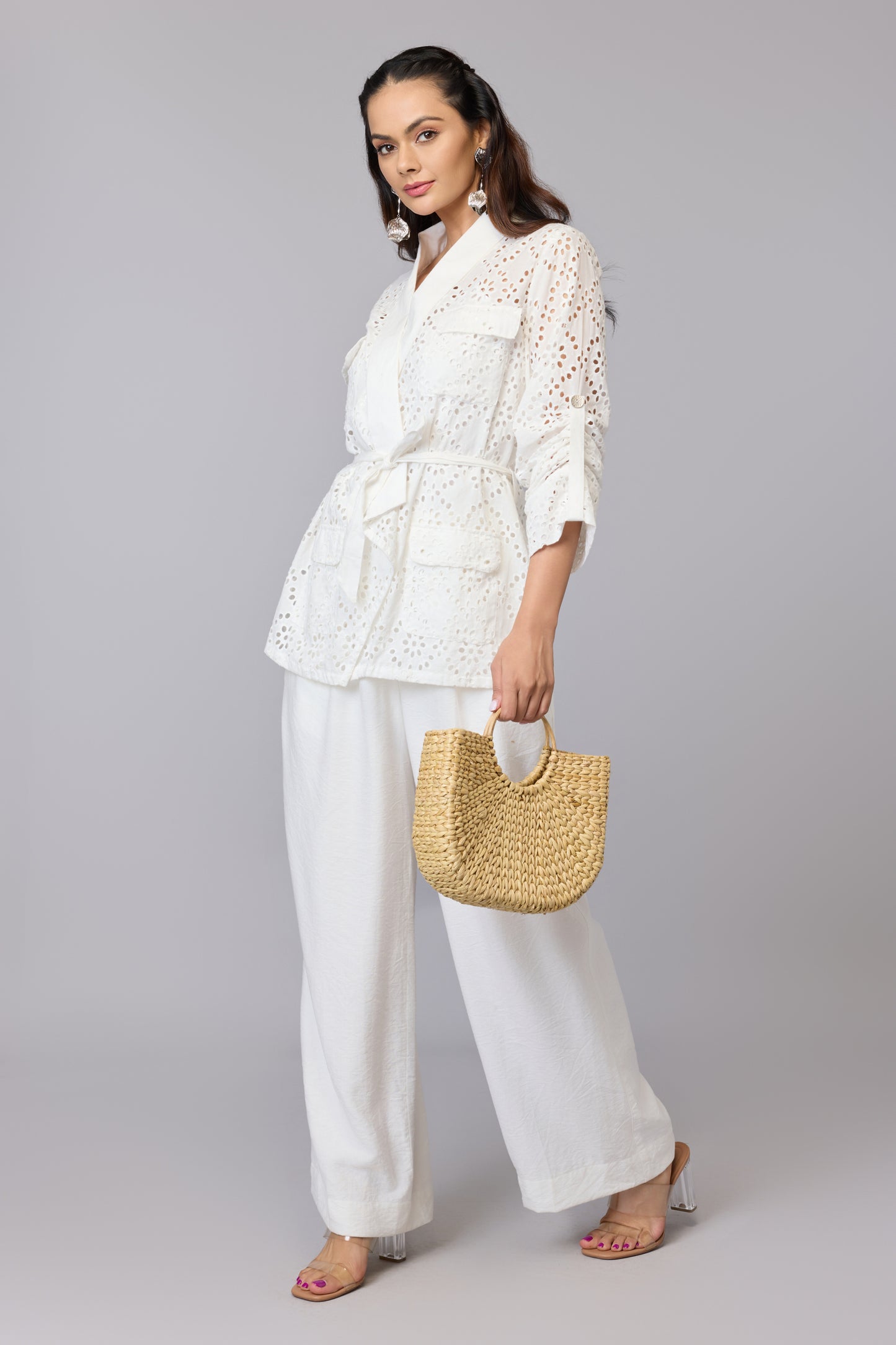 Classic White Belted Schiffli Shirt