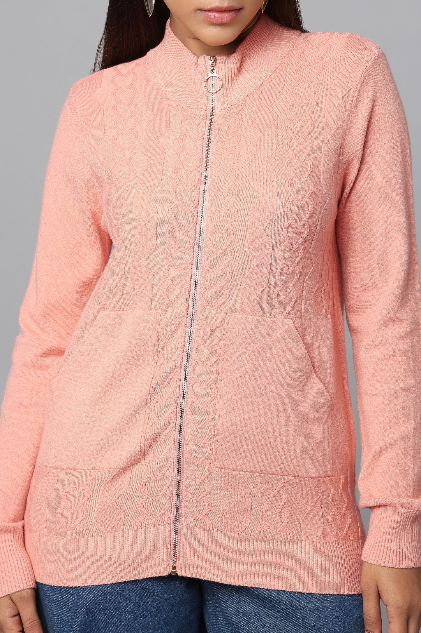 Cable Knit Zip-Up Sweater - Pink