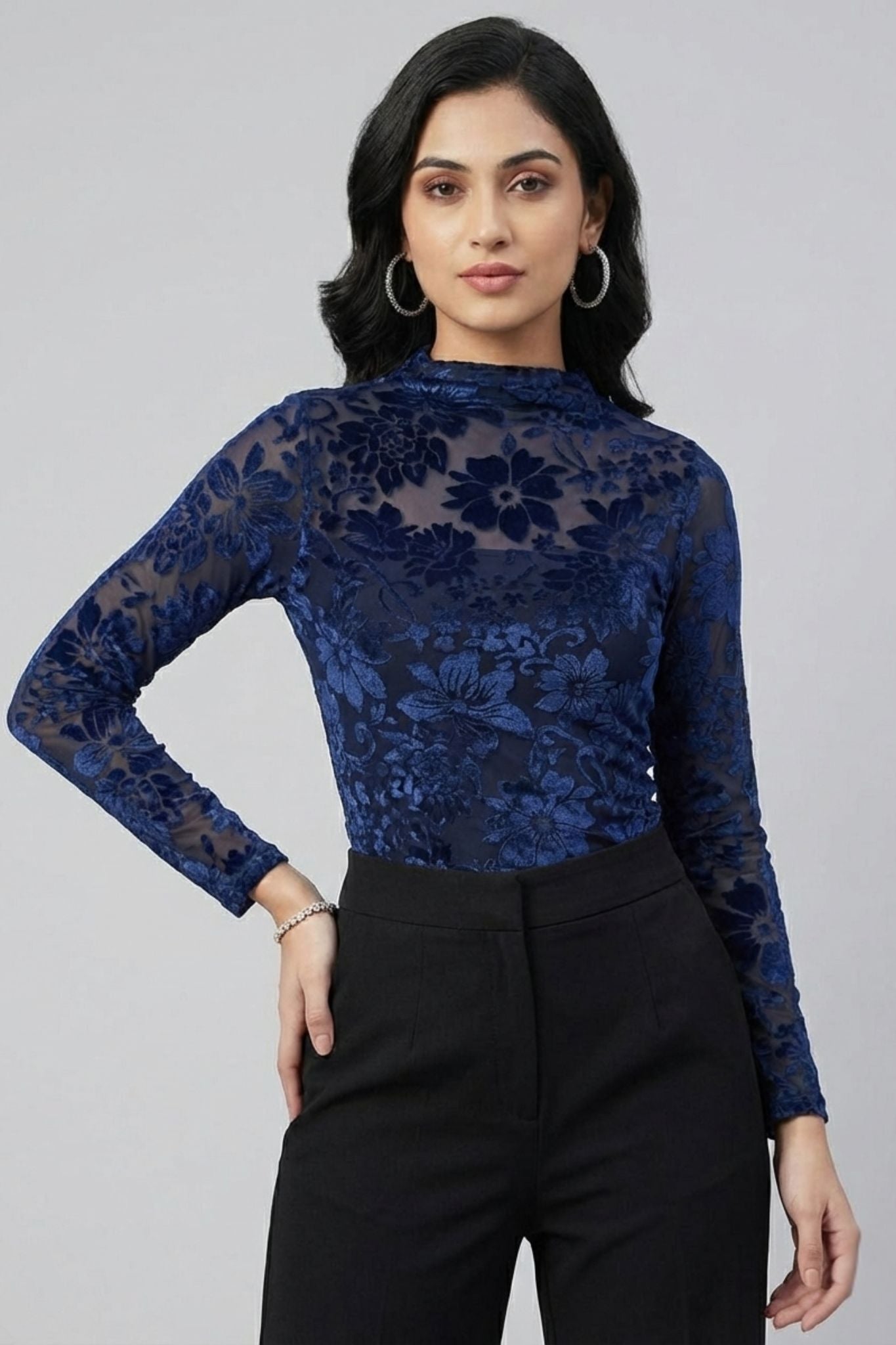 Long Sleeve Floral Top - Navy | Velvet Burnout