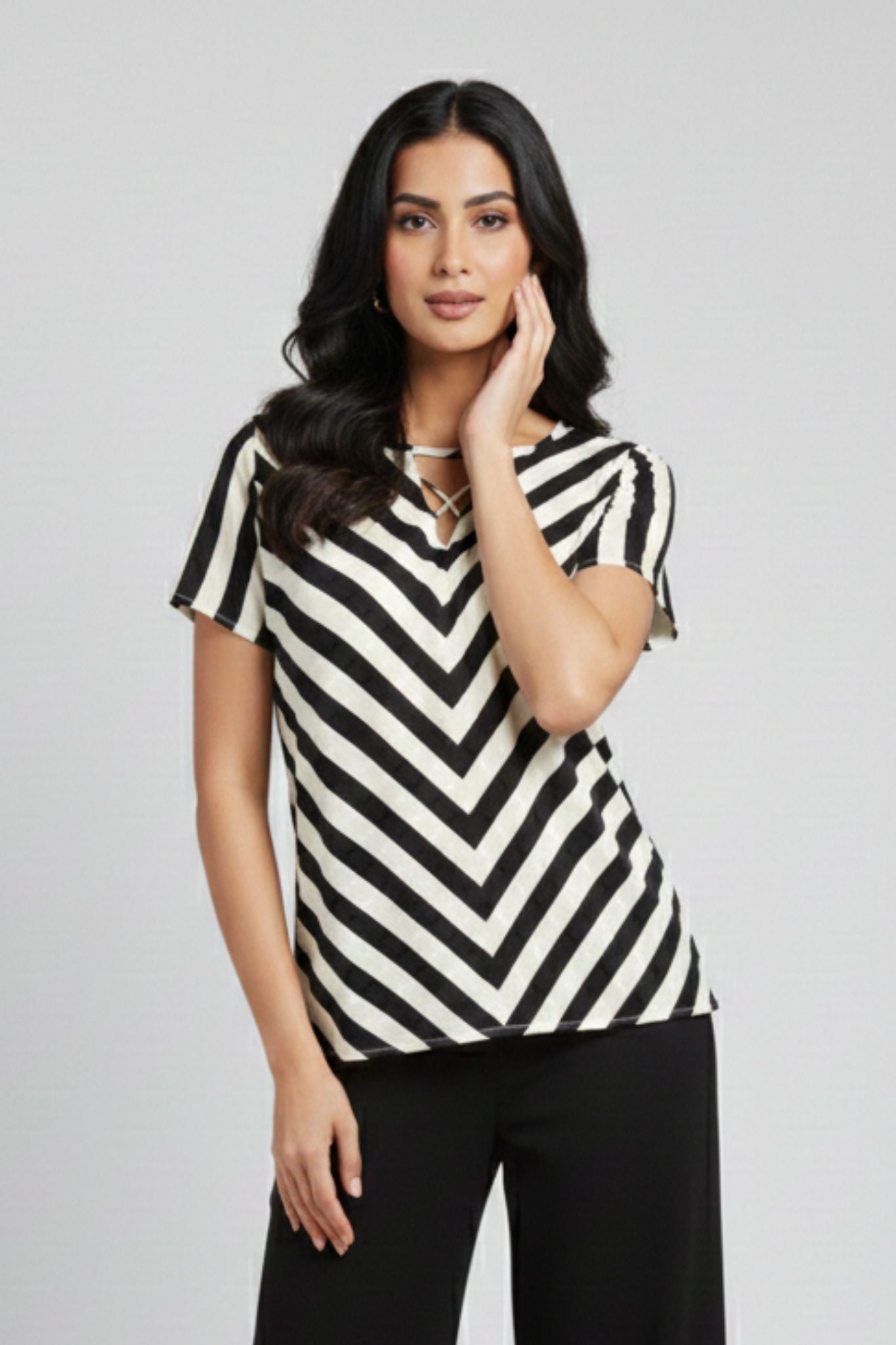 Criss Cross Neck Striped Top – Black & White | Silk Blend