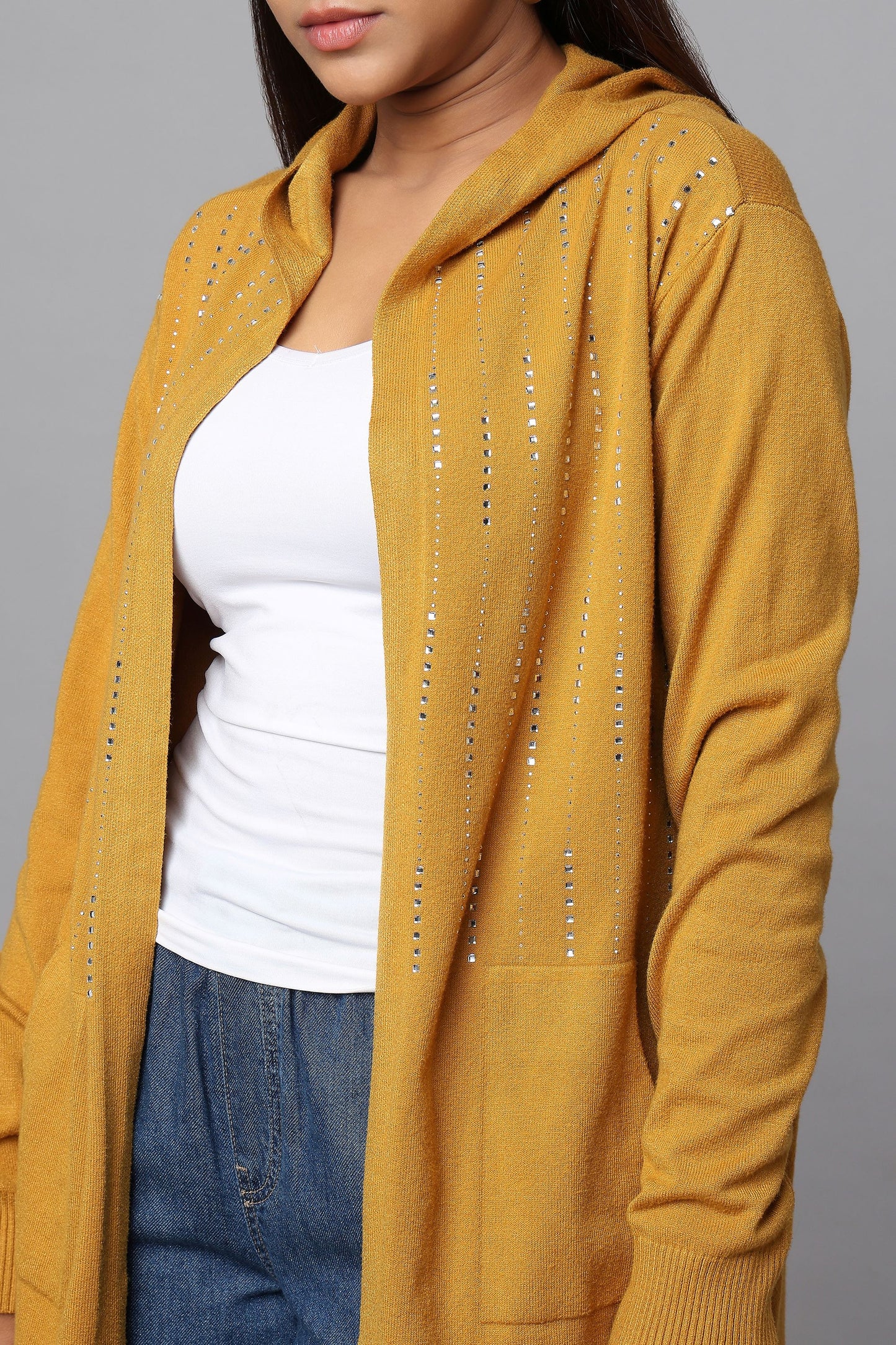 Hooded Embellished Longline Cardigan - Ocher