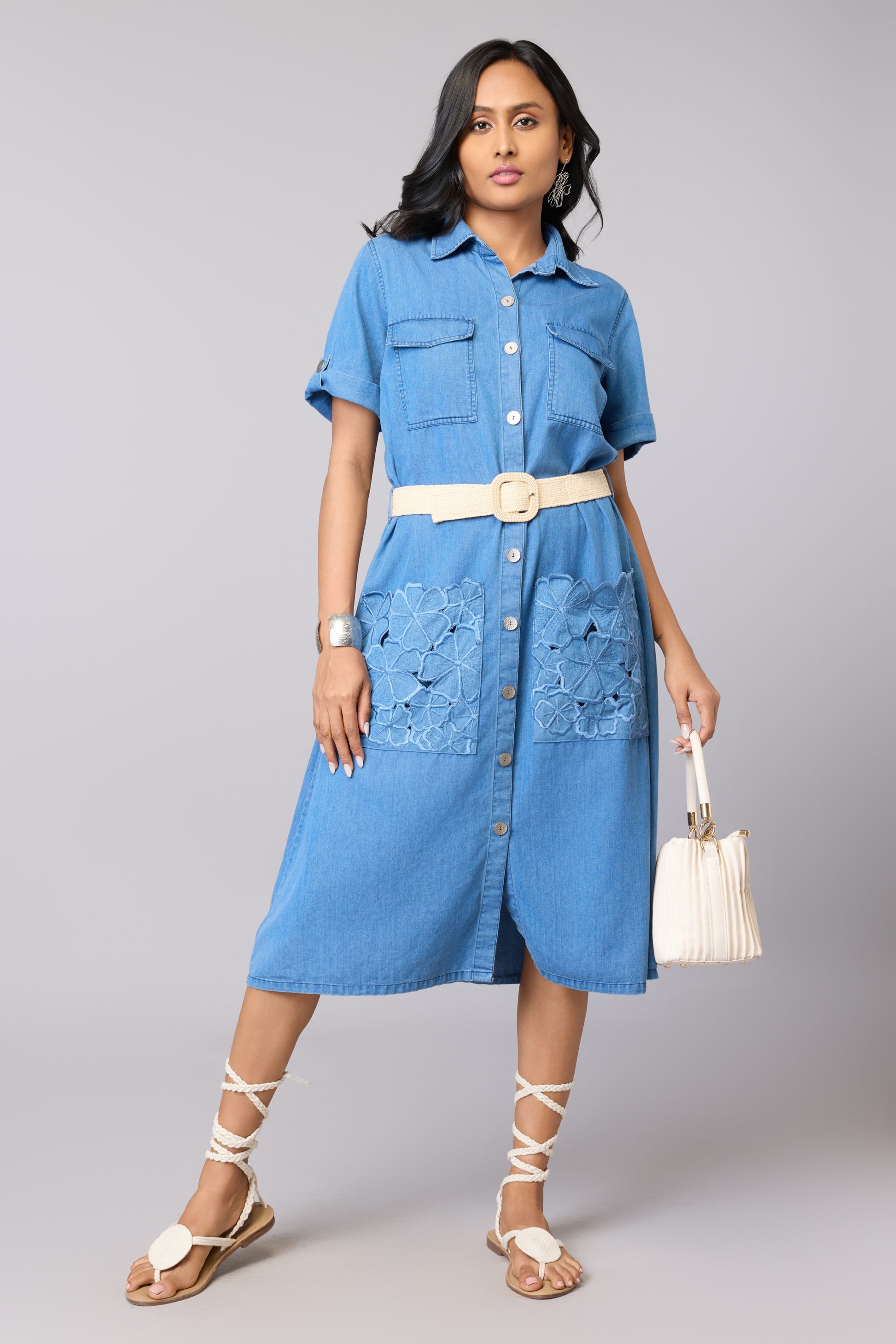 lyocell denim shirt dress Lyocell denim midi shirt dress with detachable belt - Blue