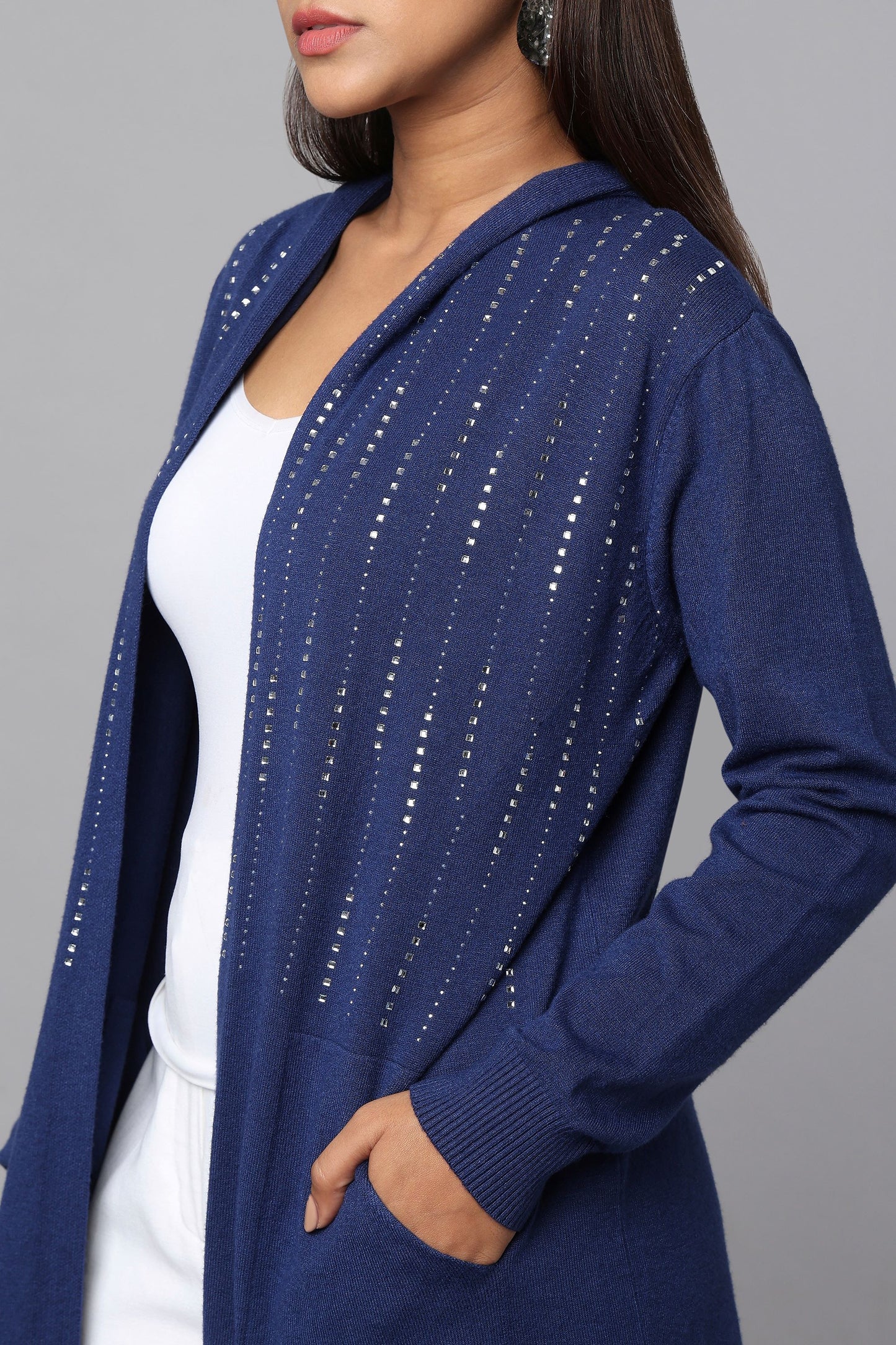 Hooded Embellished Longline Cardigan - Blue