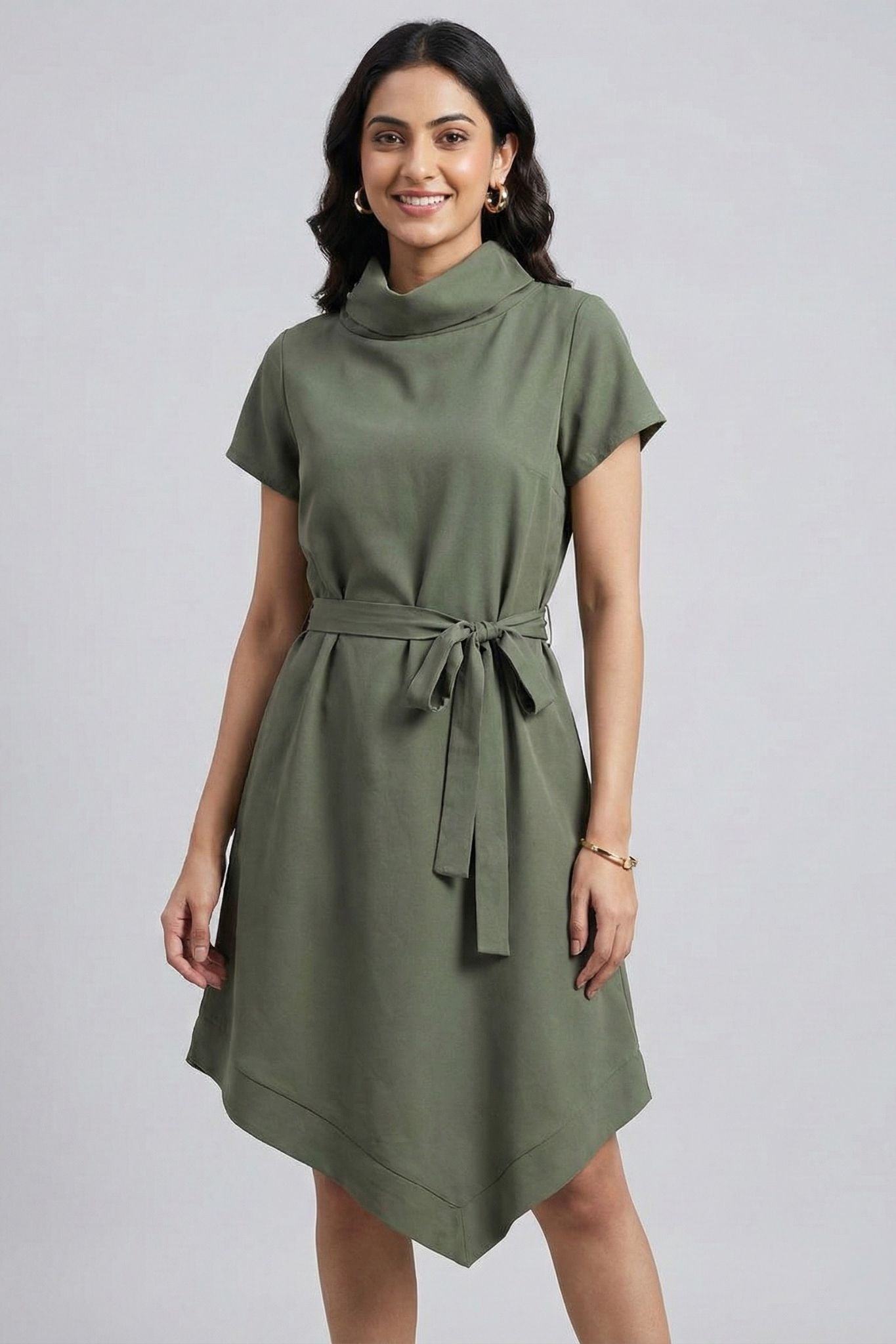Cowl Neck Asymmetric Hem - Green | Polyester