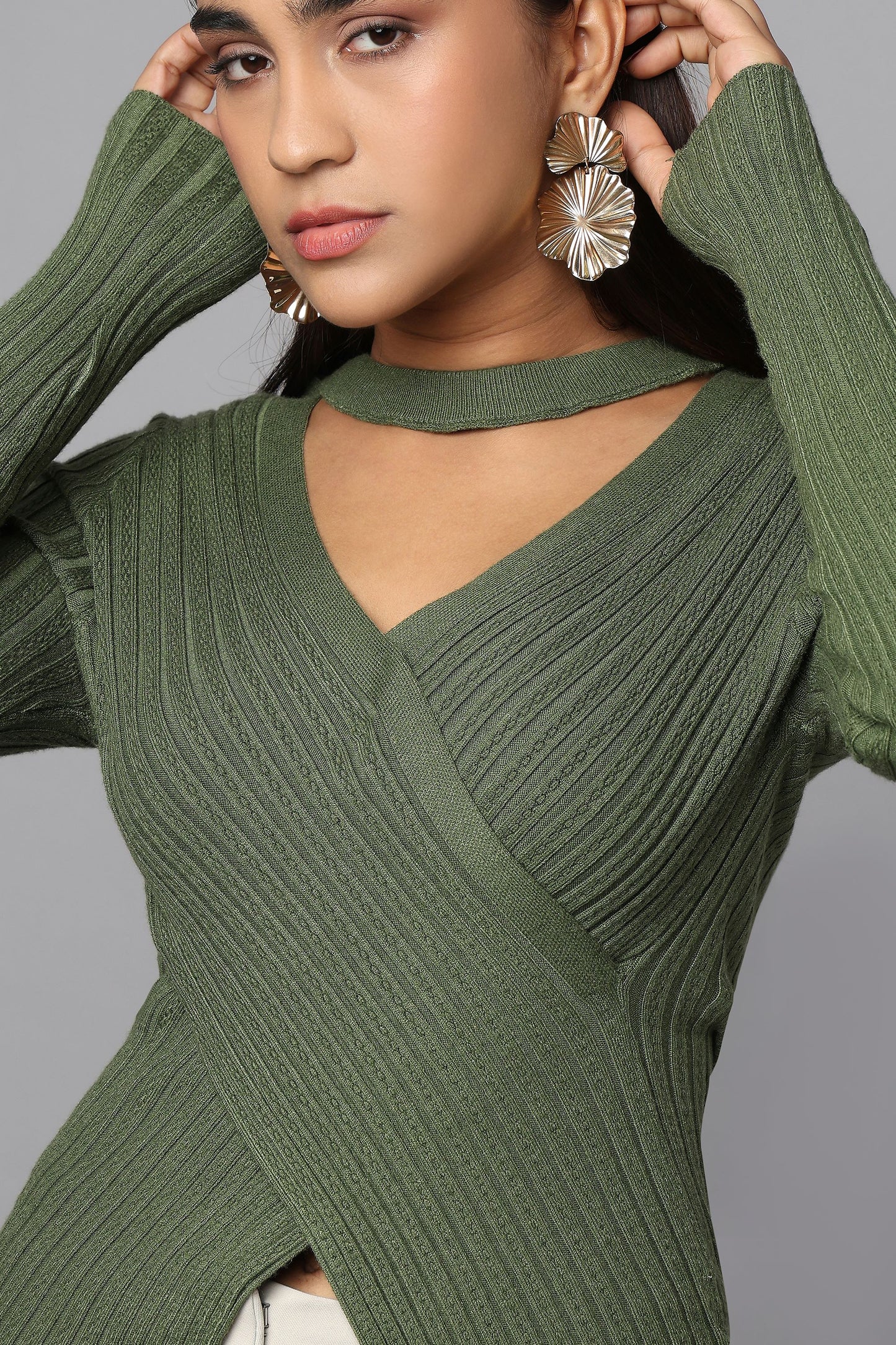 Ribbed Wrap Knit Sweater - Olive