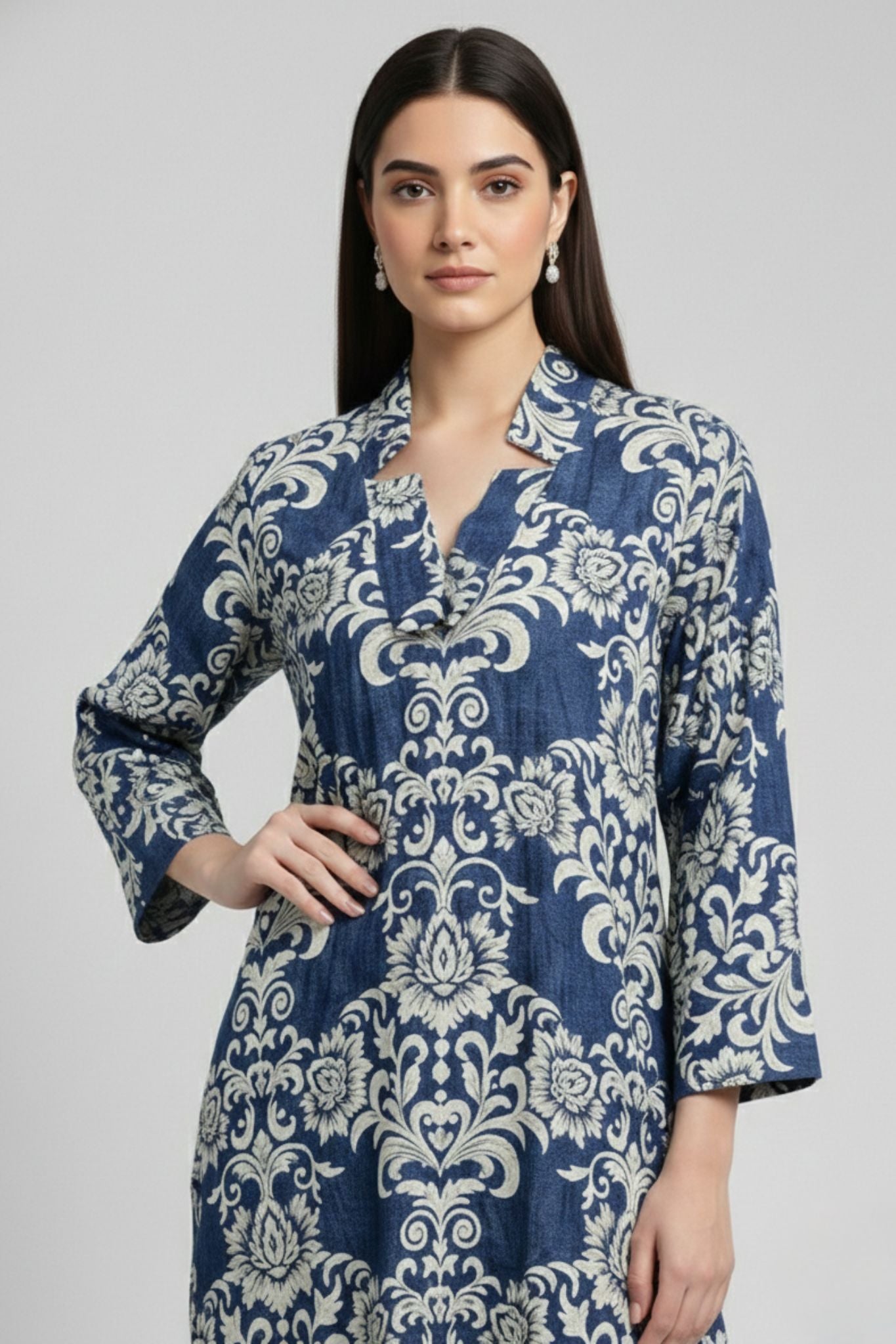 Longline Printed Tunic - Blue | Lyocell Denim