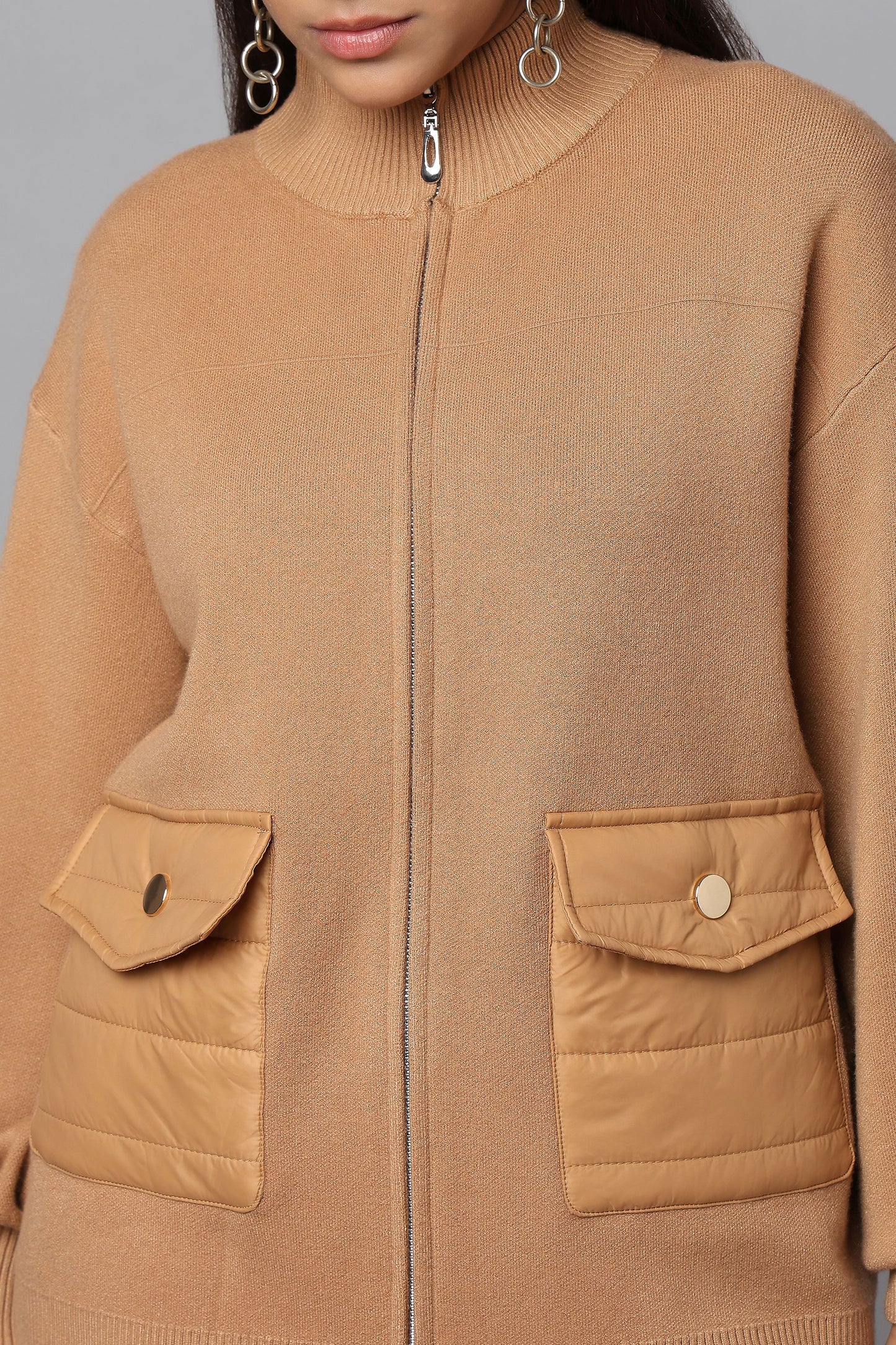 Zip-Up Beige Sweater with Quilted Pockets