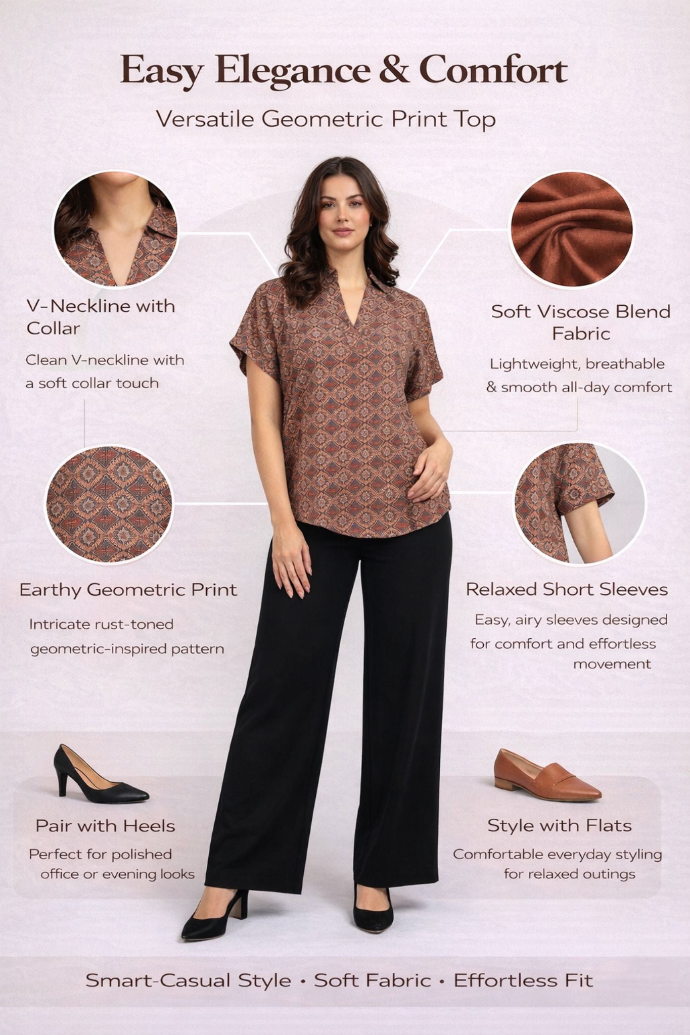 Short Sleeve Printed V-Neck Top – Rust | Viscose Blend