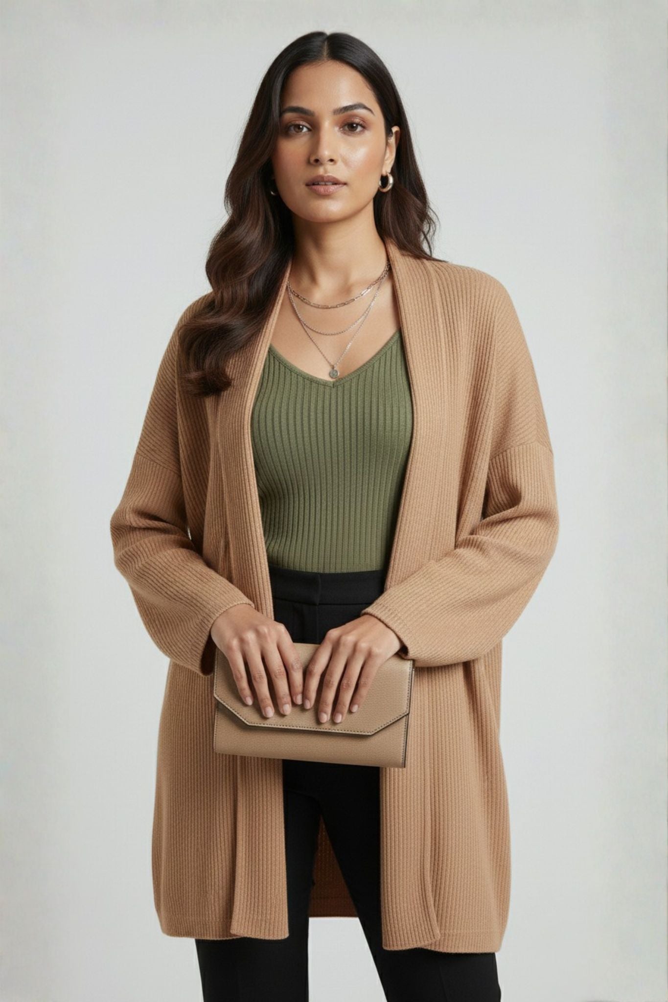 Dark Beige Ribbed Open Shrug