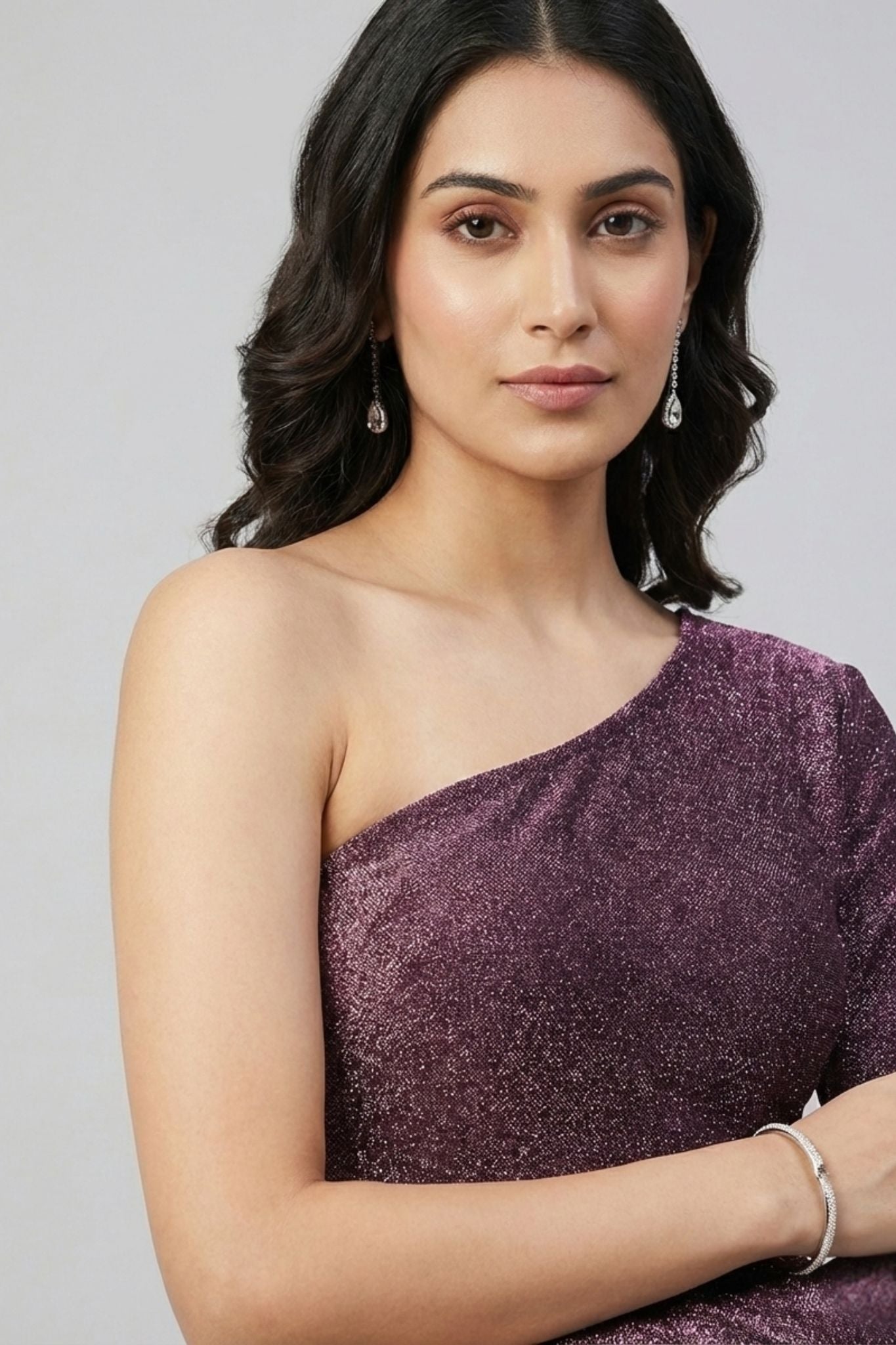 Wine One-Shoulder Lurex Party Dress