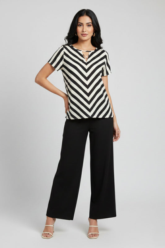 Criss Cross Neck Striped Top – Black & White | Silk Blend