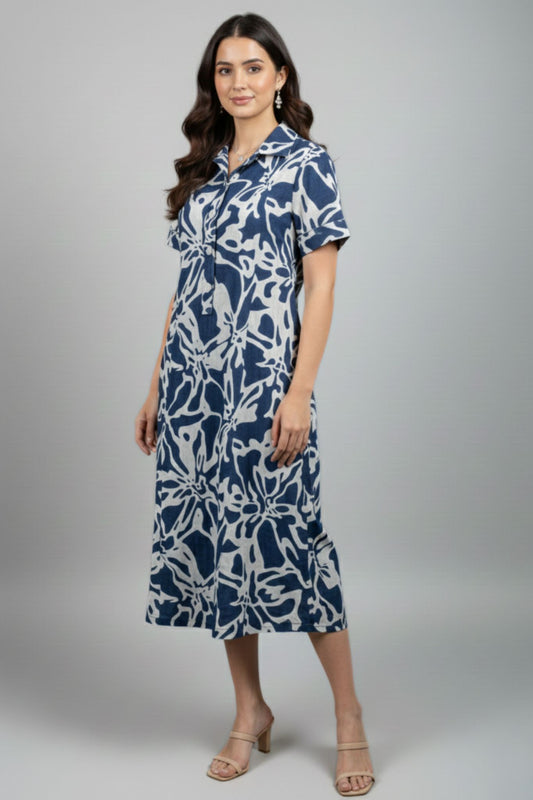 Abstract Print Shirt Dress -  Blue | Lyocell Denim