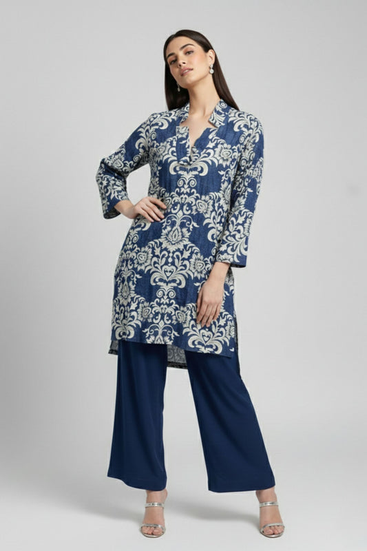 Longline Printed Tunic - Blue | Lyocell Denim