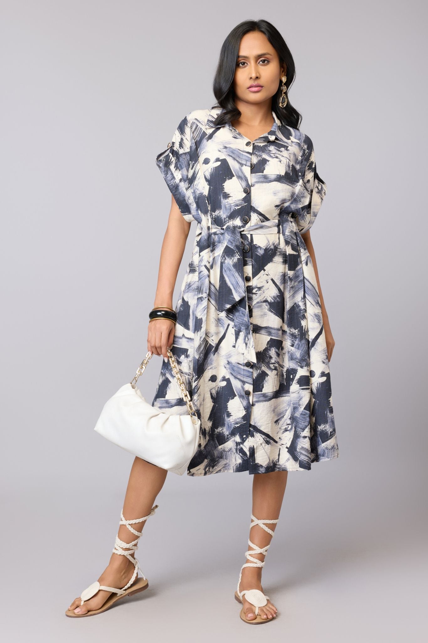 Abstract Belted Midi Dress - Multi | Viscose Blend