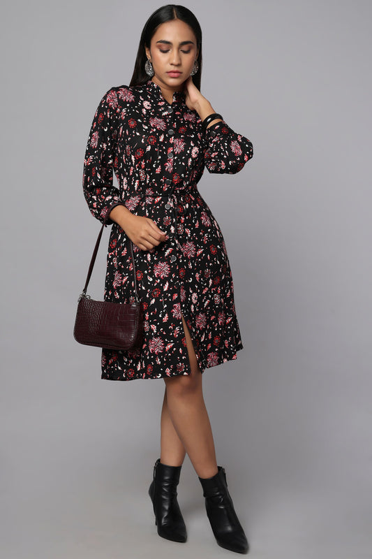 Black Printed Tie-Waist Shirt Dress