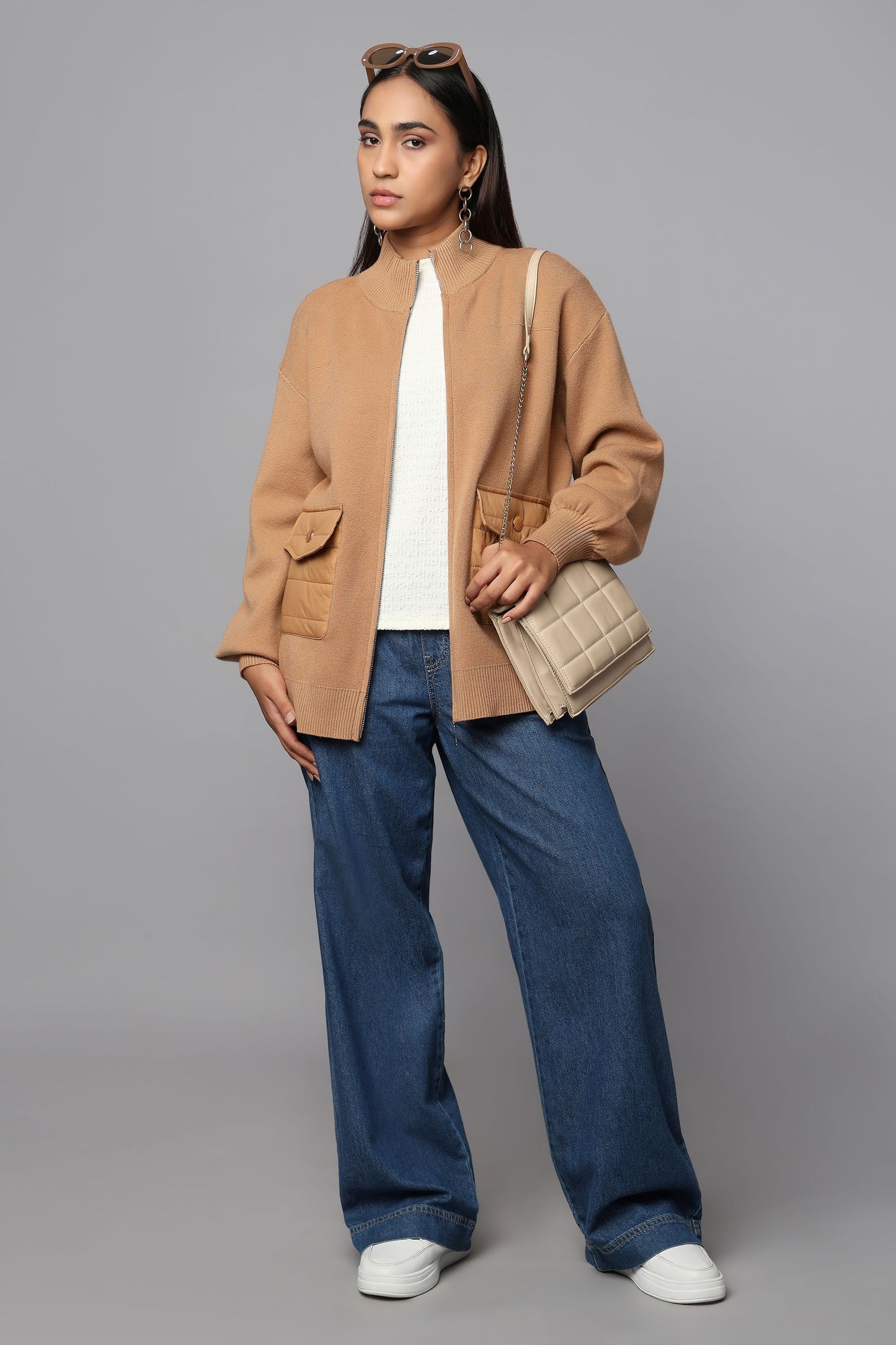 Zip-Up Beige Sweater with Quilted Pockets