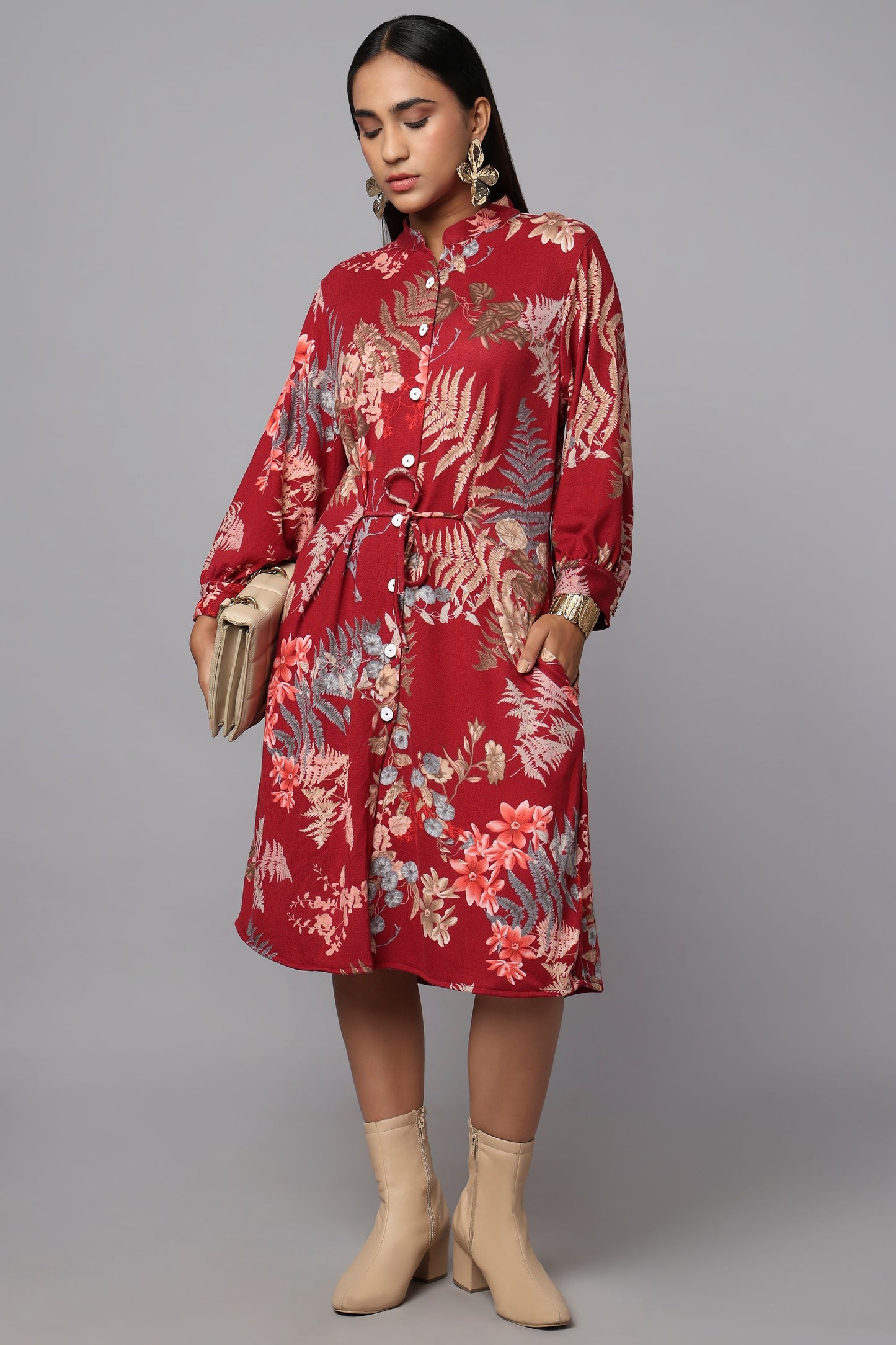 Red Printed Tie-Waist Shirt Dress