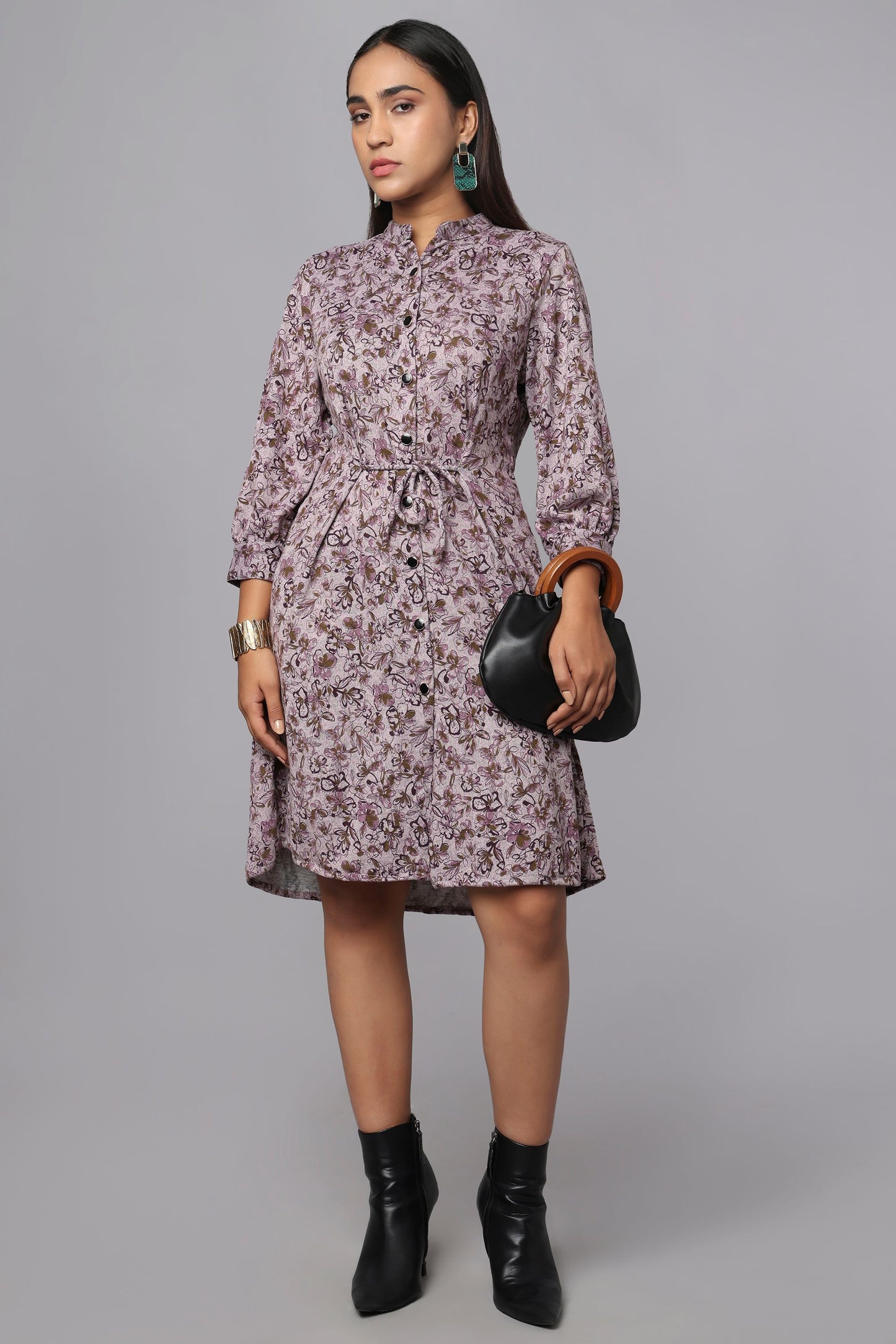 Purple Floral Shirt Dress with Waist Belt