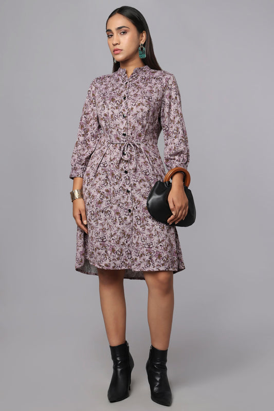 Purple Floral Shirt Dress with Waist Belt