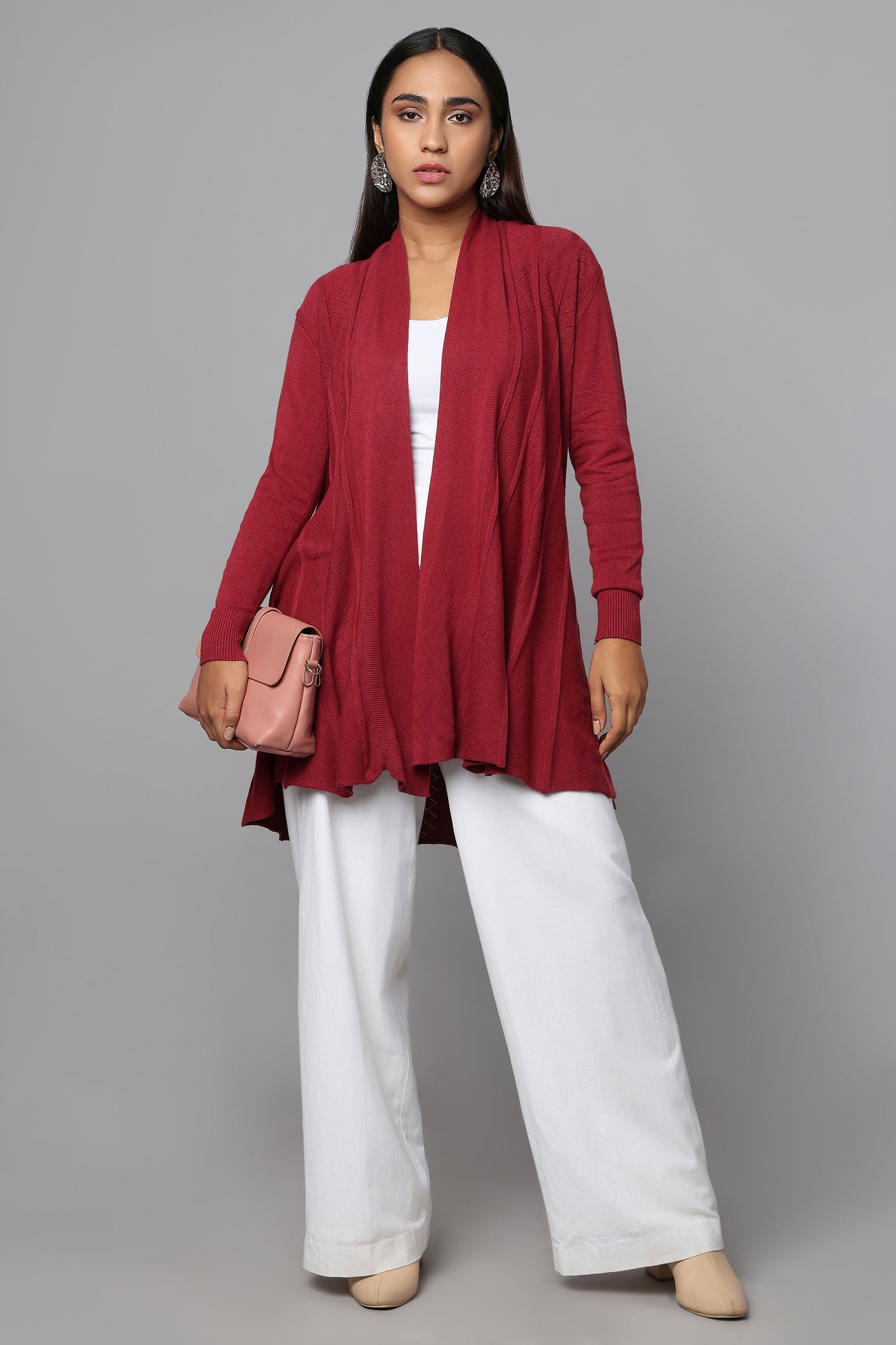 Diamond Knit Longline Cardigan - Maroon