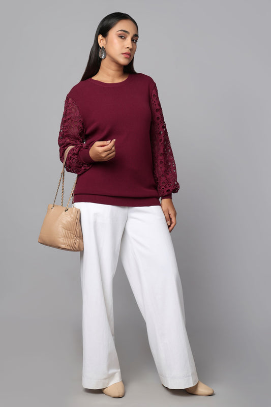 Lace Sleeve Maroon Knit Sweater
