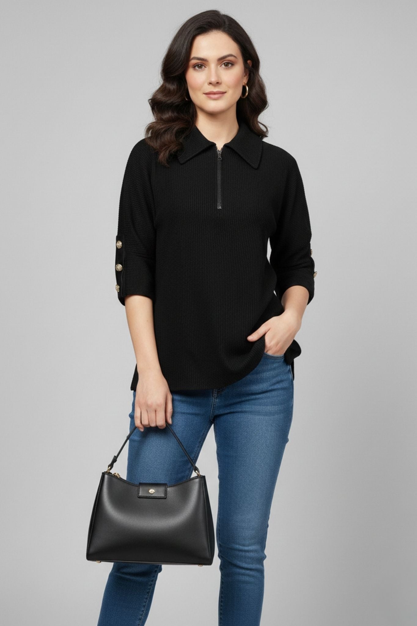 Black Textured Zip-Neck Top