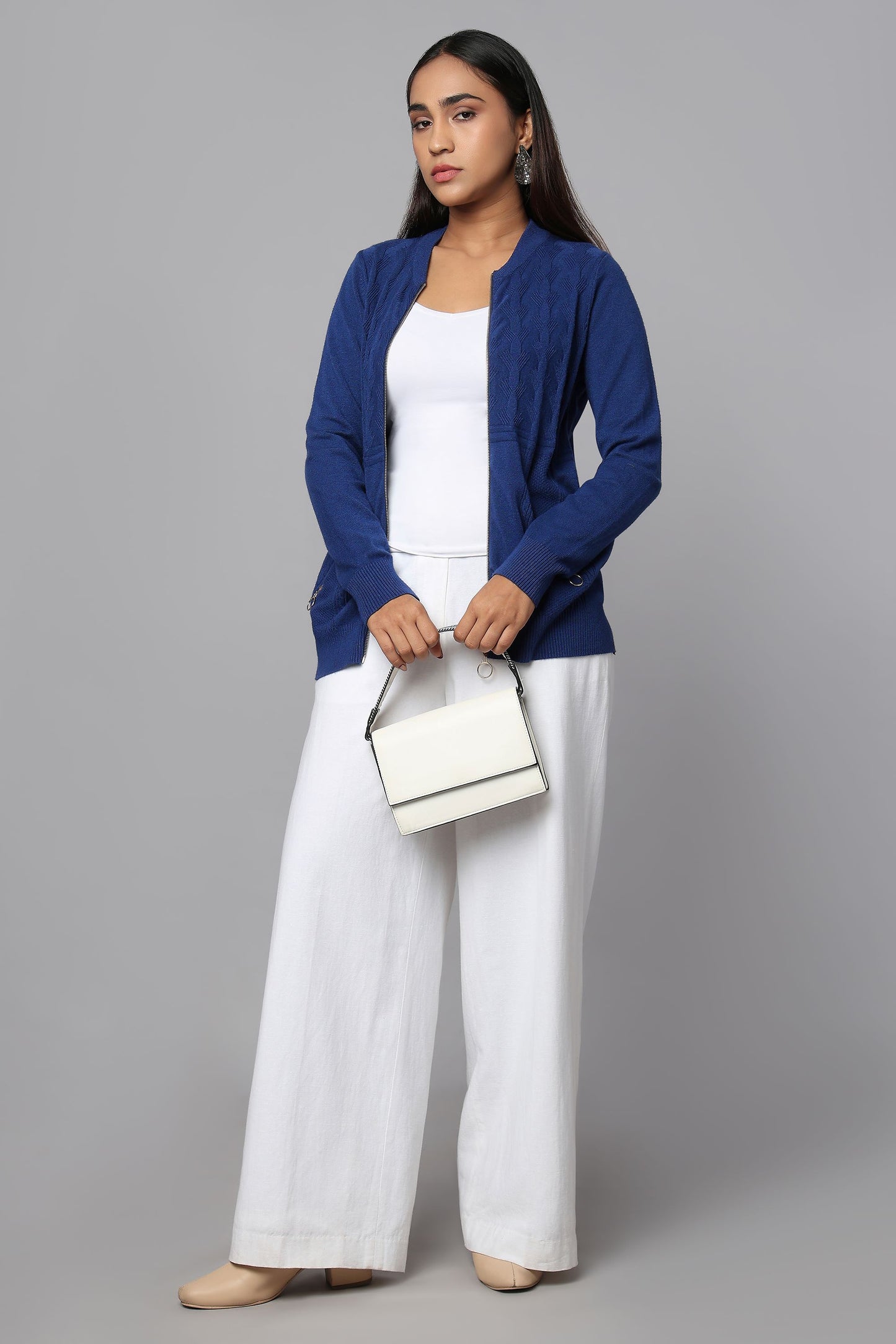 Knit Zip-Front Blue Sweater with Pocket Detail