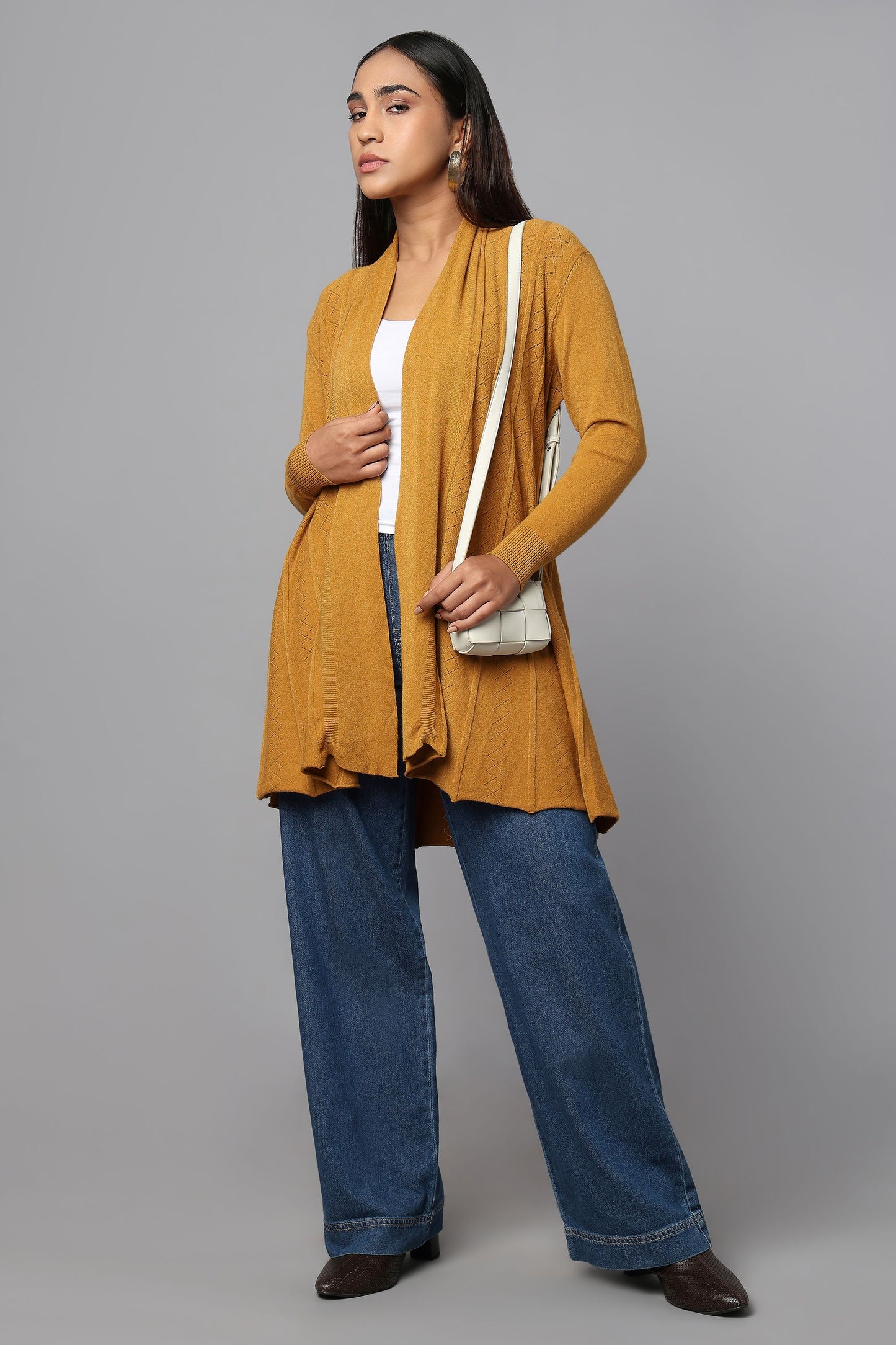 Diamond Knit Longline Cardigan - Ocher