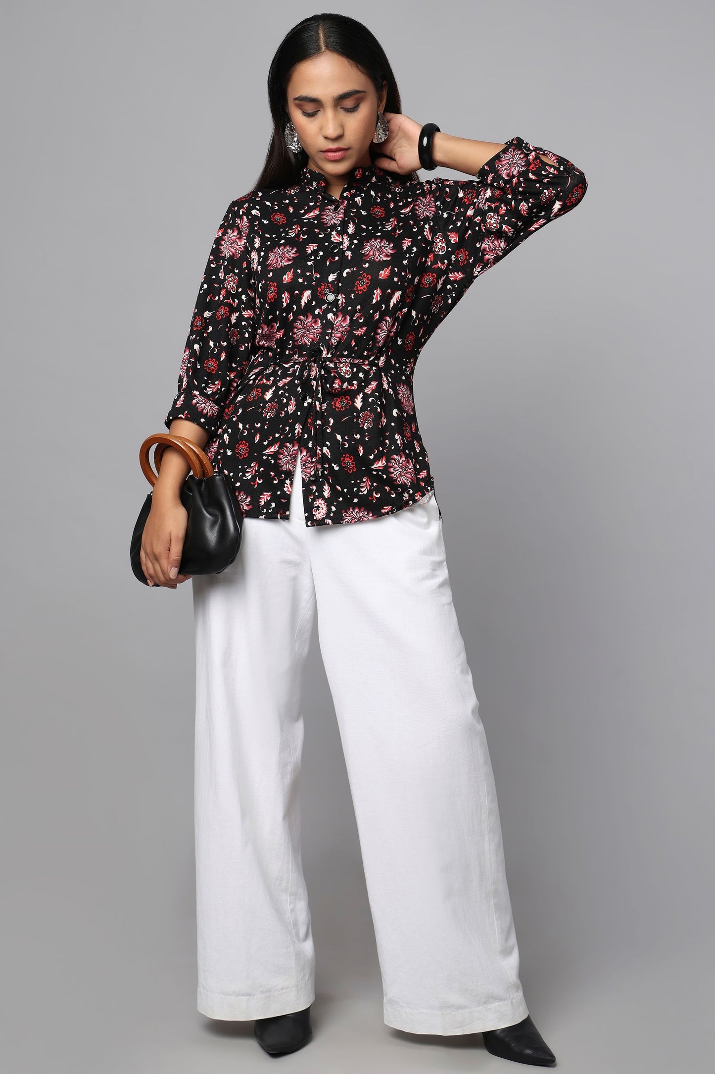 Black Printed Waist-Tie Shirt Top