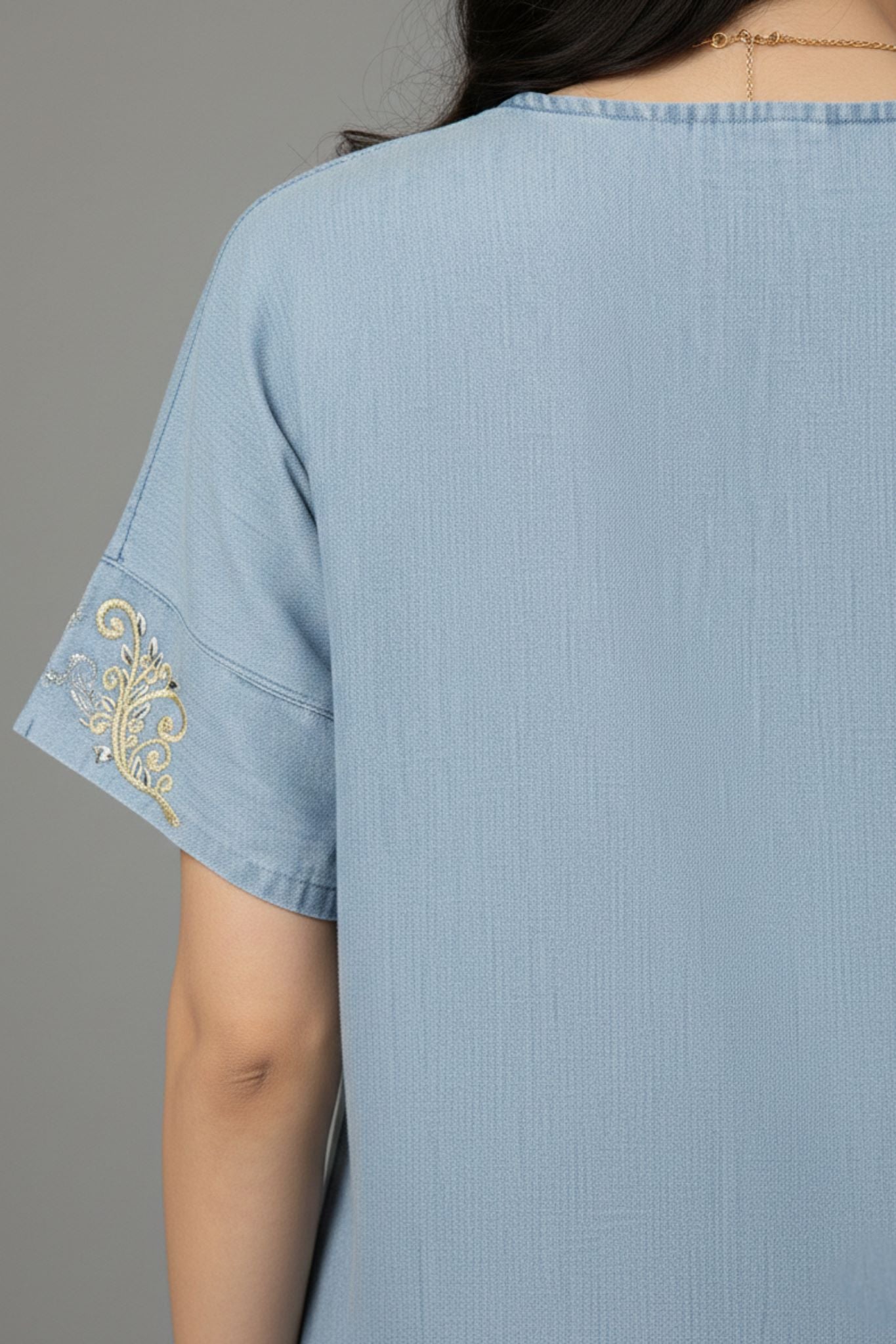 Short Sleeves Embroidered Tunic - Blue | Lyocell Denim