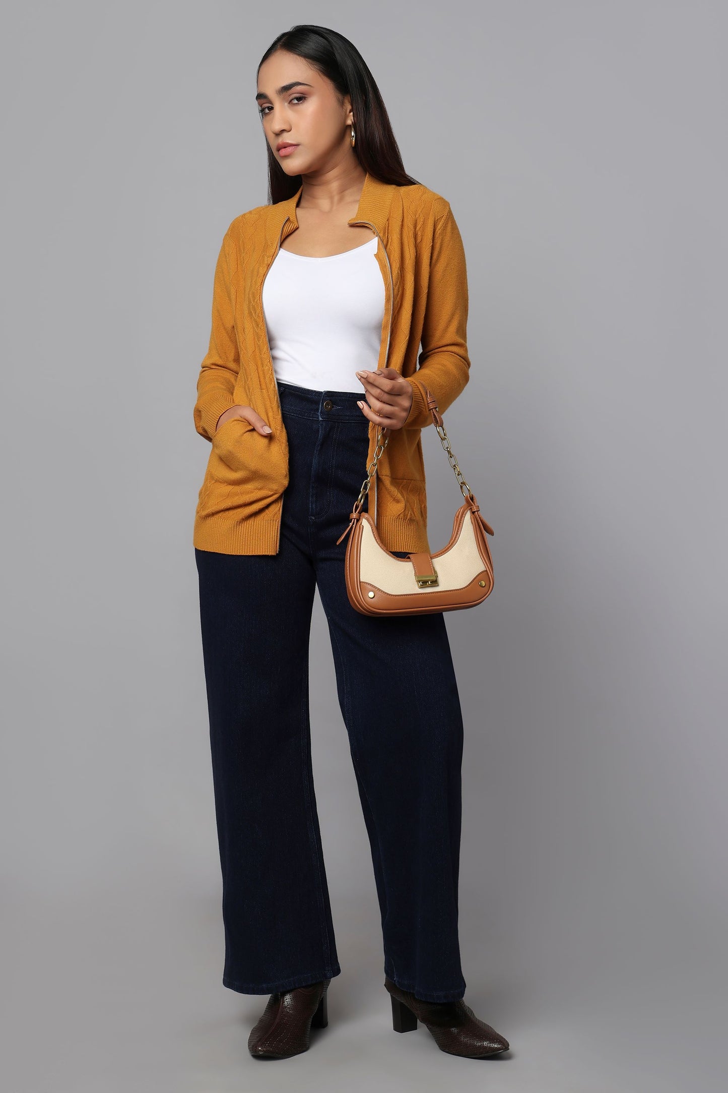 Cable Knit Zip-Up Sweater - Ocher