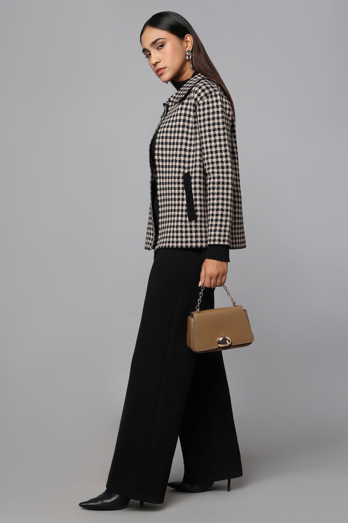 Houndstooth Black Zip-Up Sweater