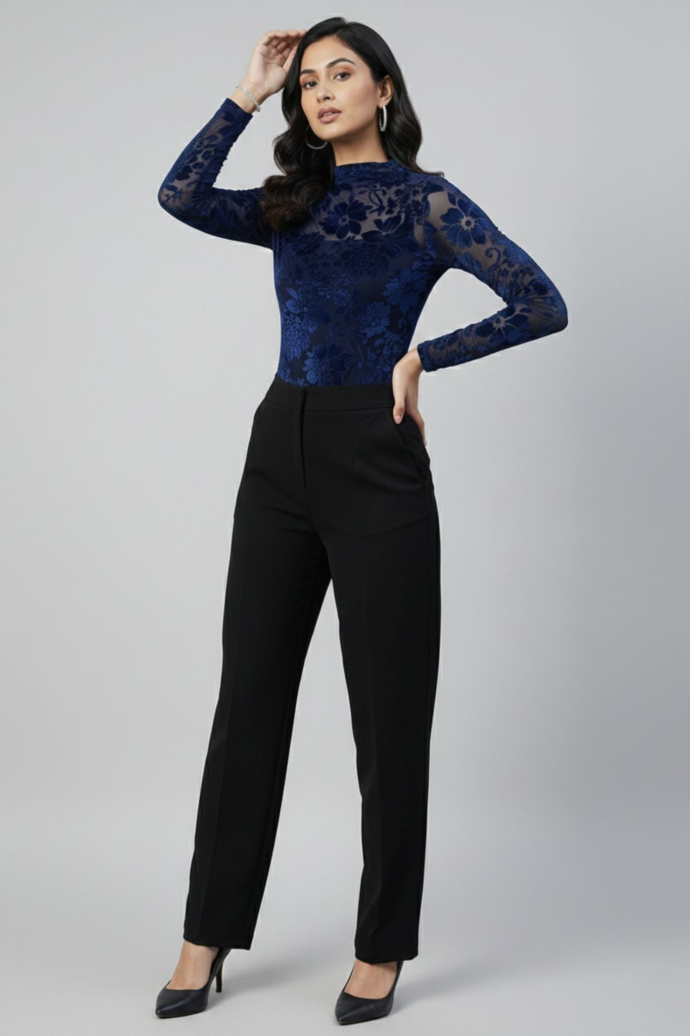 Long Sleeve Floral Top - Navy | Velvet Burnout
