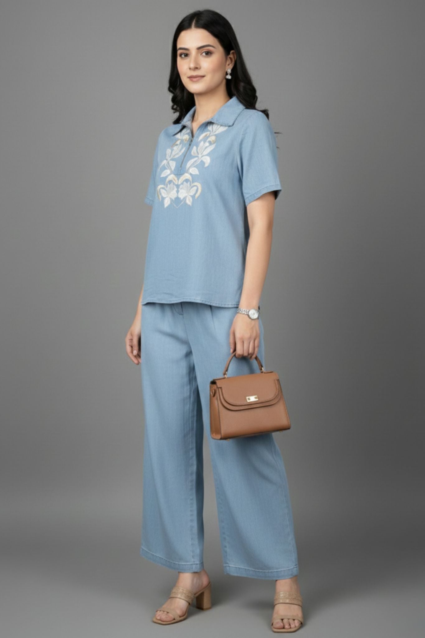 Embroidered Co-Ord Set - Blue | Collared Lyocell Denim