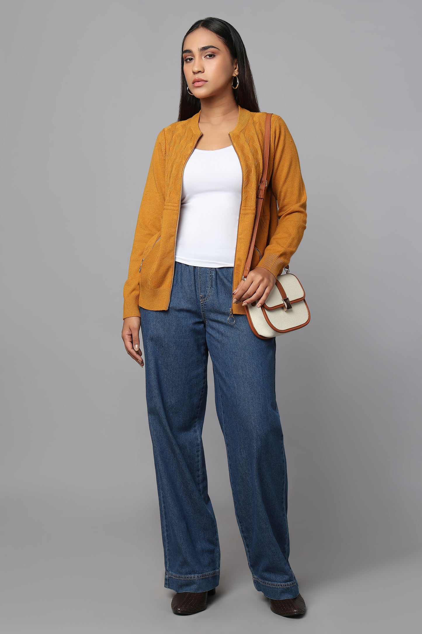Knit Zip-Front Ocher Sweater with Pocket Detail