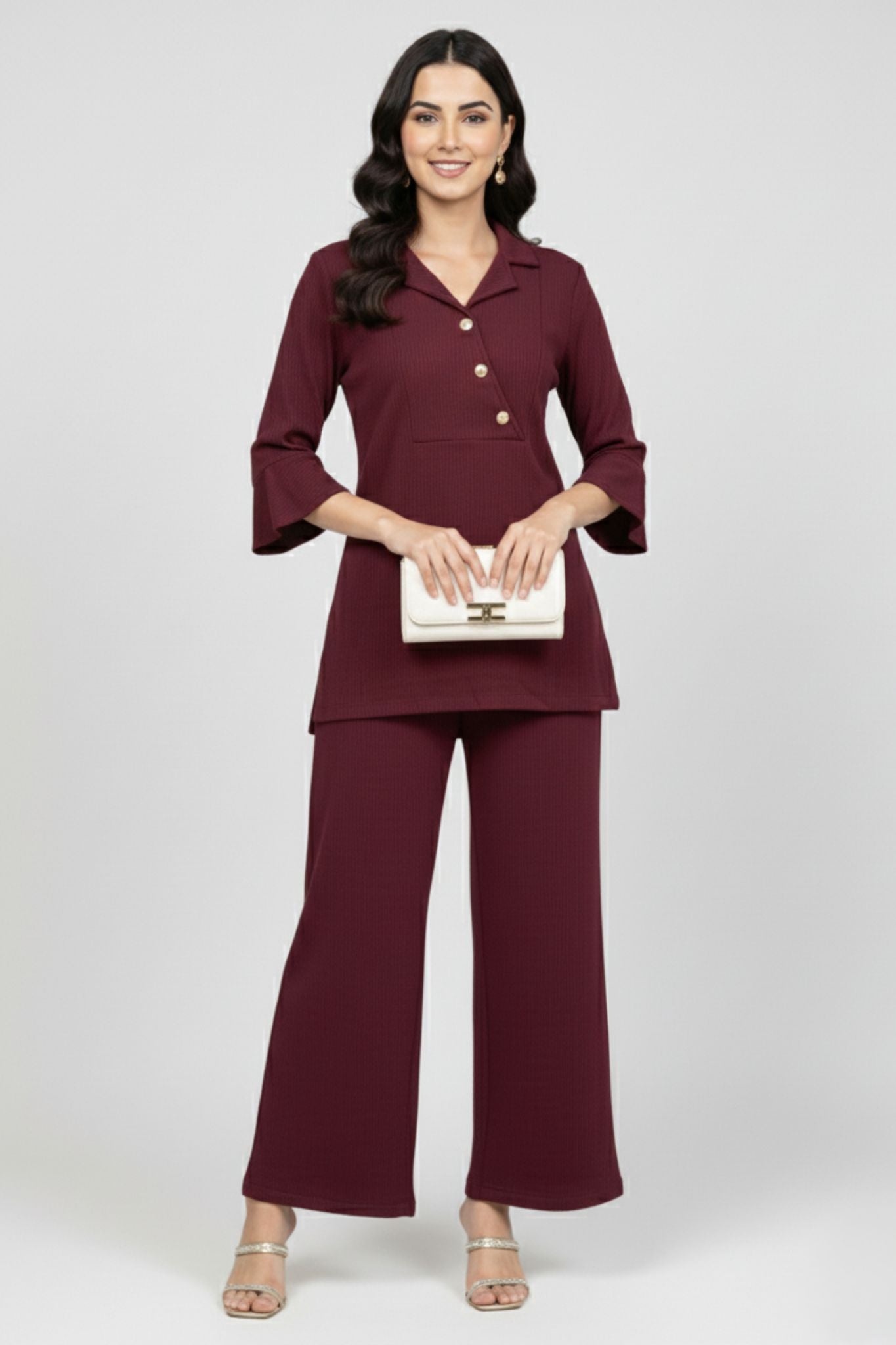 Maroon Button-Detail Co-Ord Set