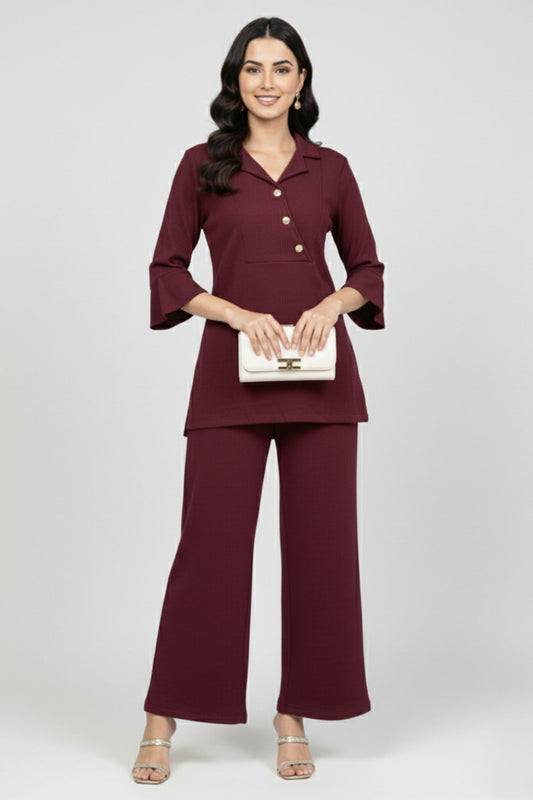 Maroon Button-Detail Co-Ord Set