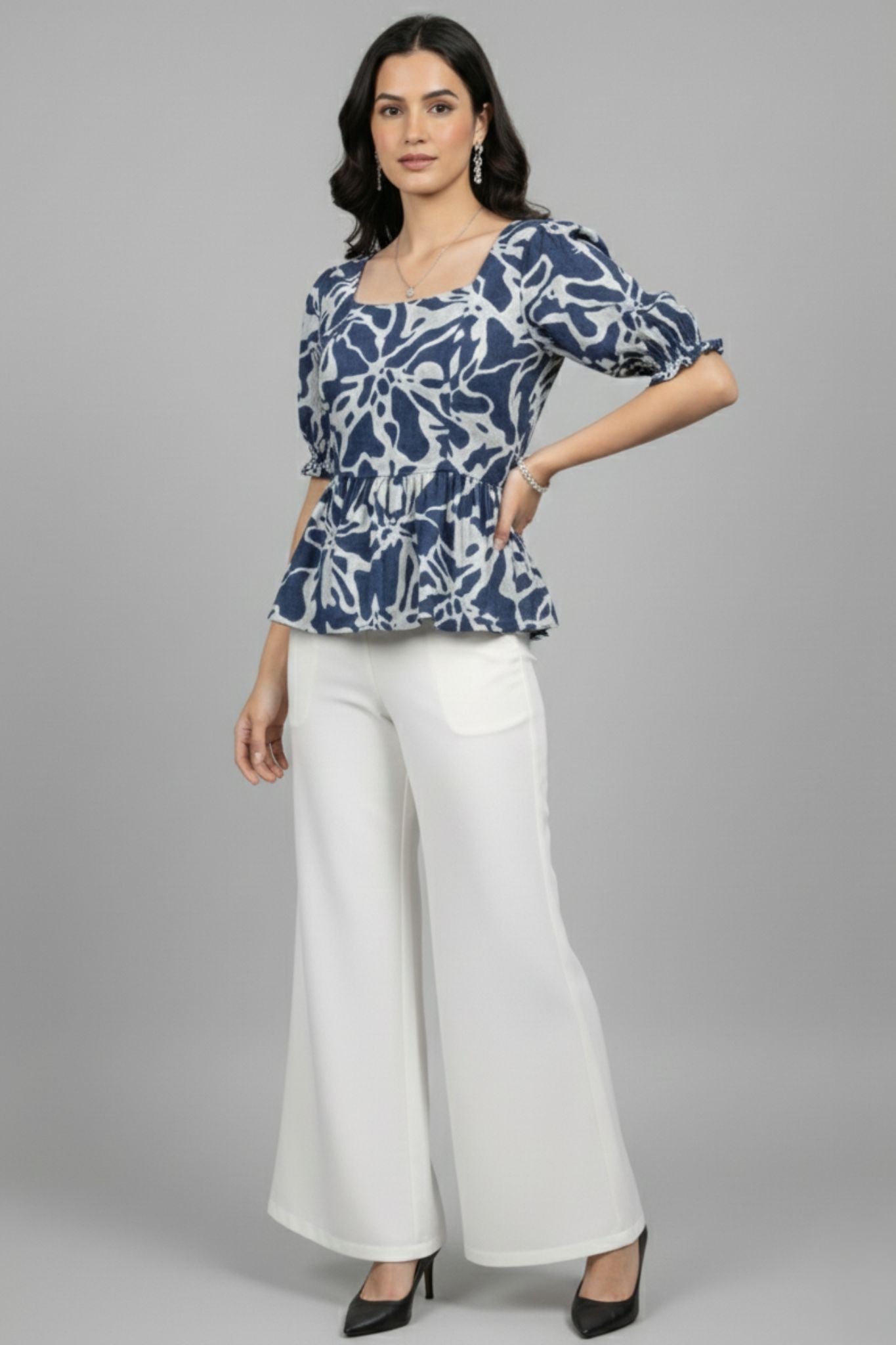 Puff Sleeve Peplum Top - Blue | Lyocell Denim