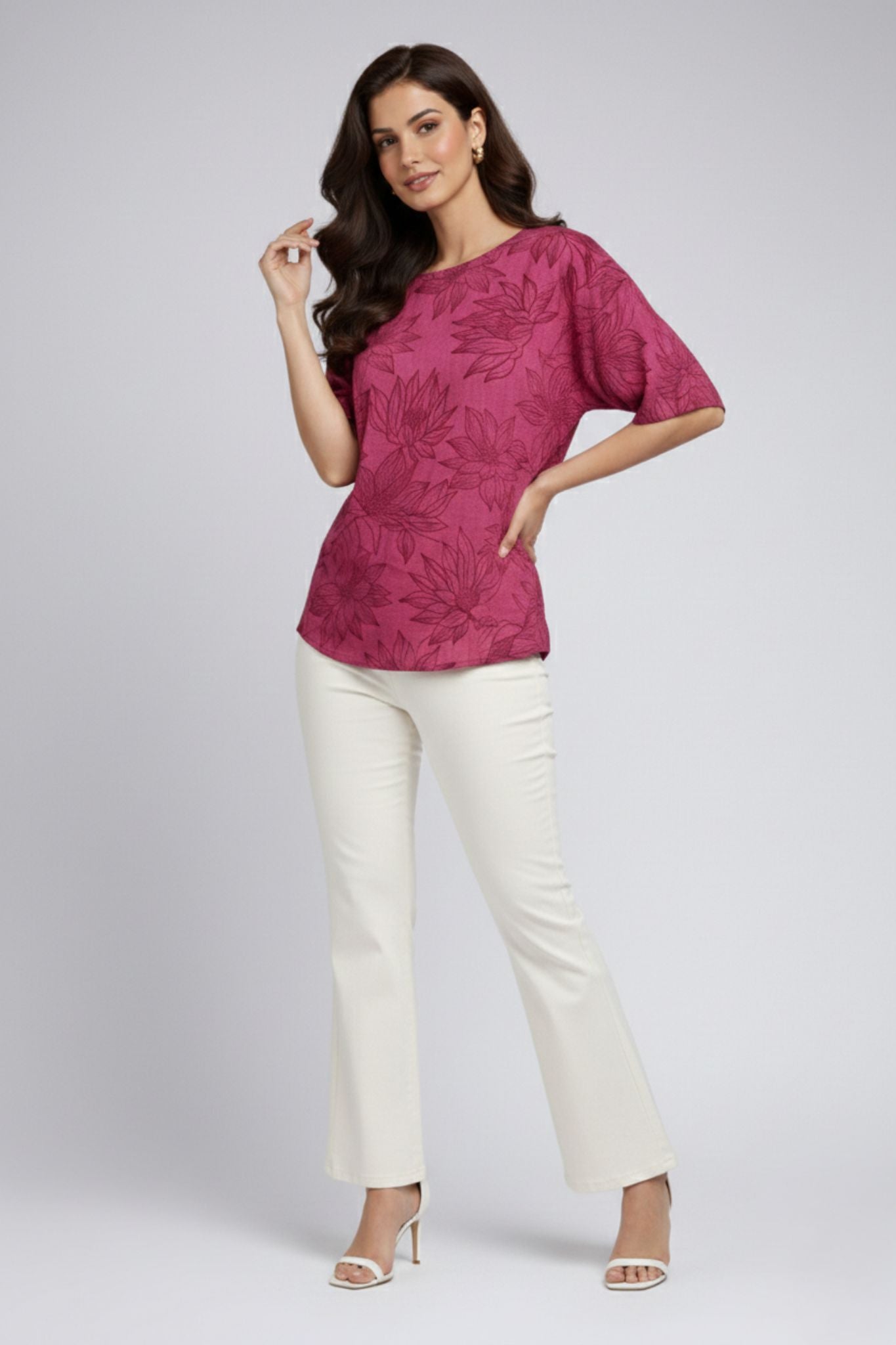 Floral Printed Round Neck Top – Maroon | Viscose Blend