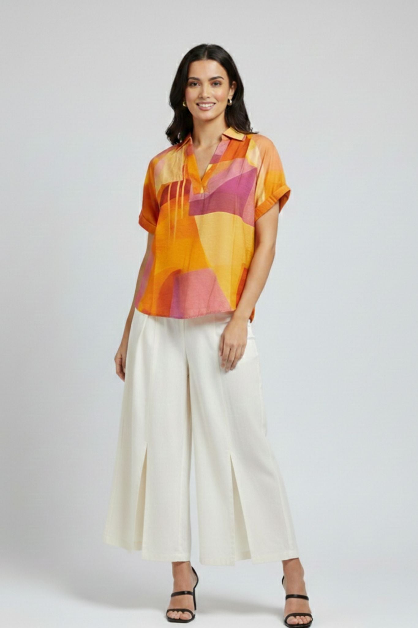 Abstract Printed V-Neck Top – Multi | Viscose Blend