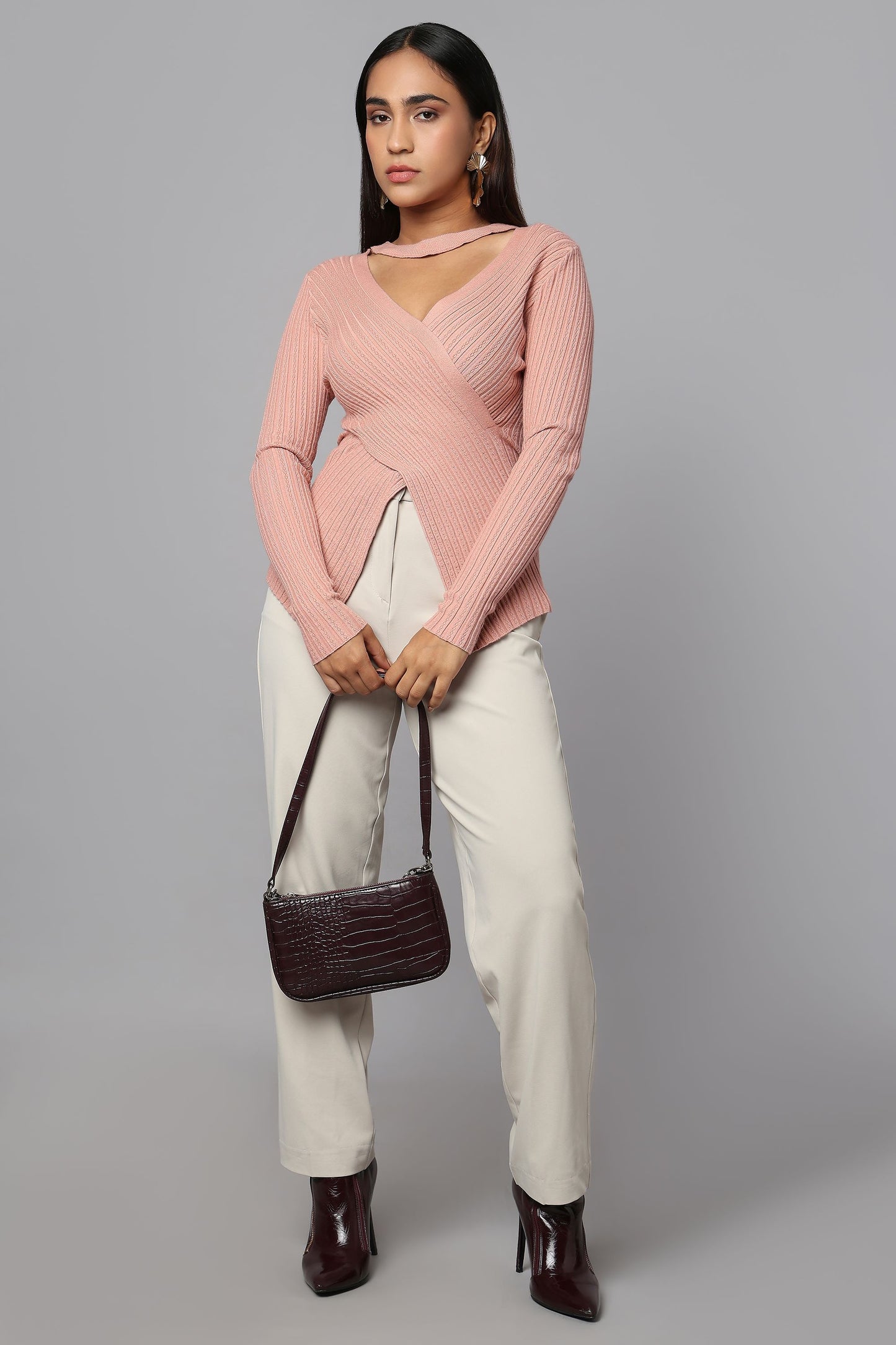 Ribbed Wrap Knit Sweater - Mauve