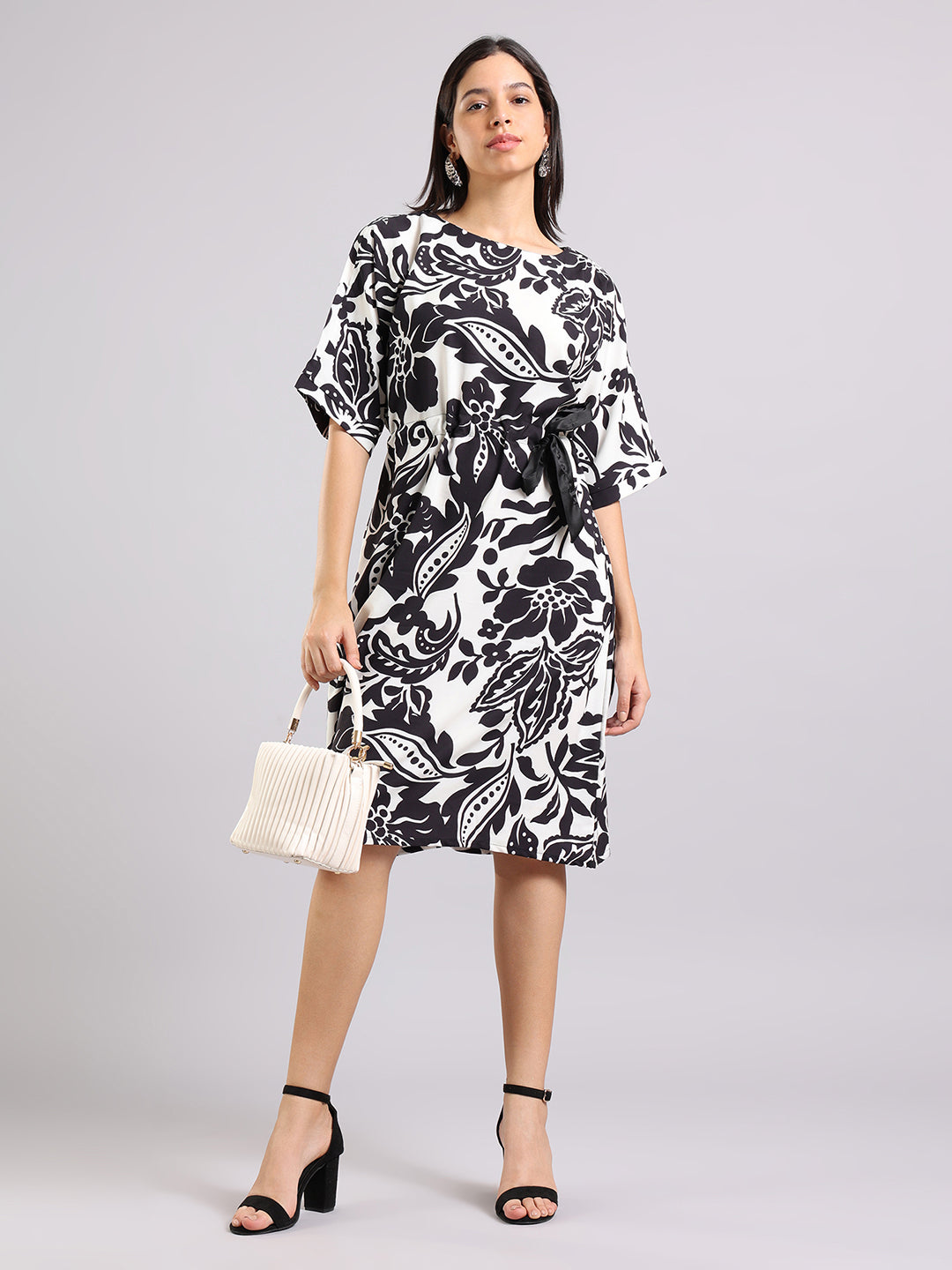 Black & White Floral Tie-Up Dress