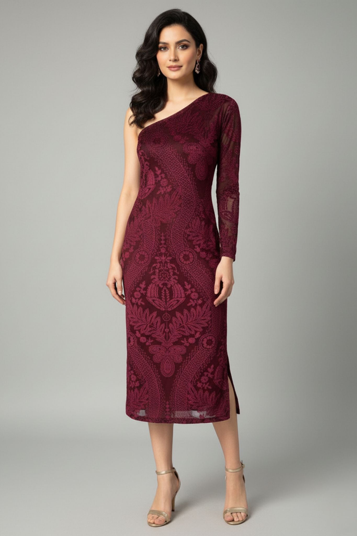 Velvet Burnout One-Shoulder Maroon Midi Dress