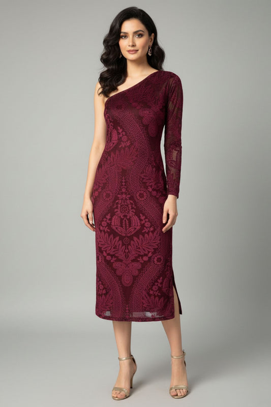 Velvet Burnout One-Shoulder Maroon Midi Dress