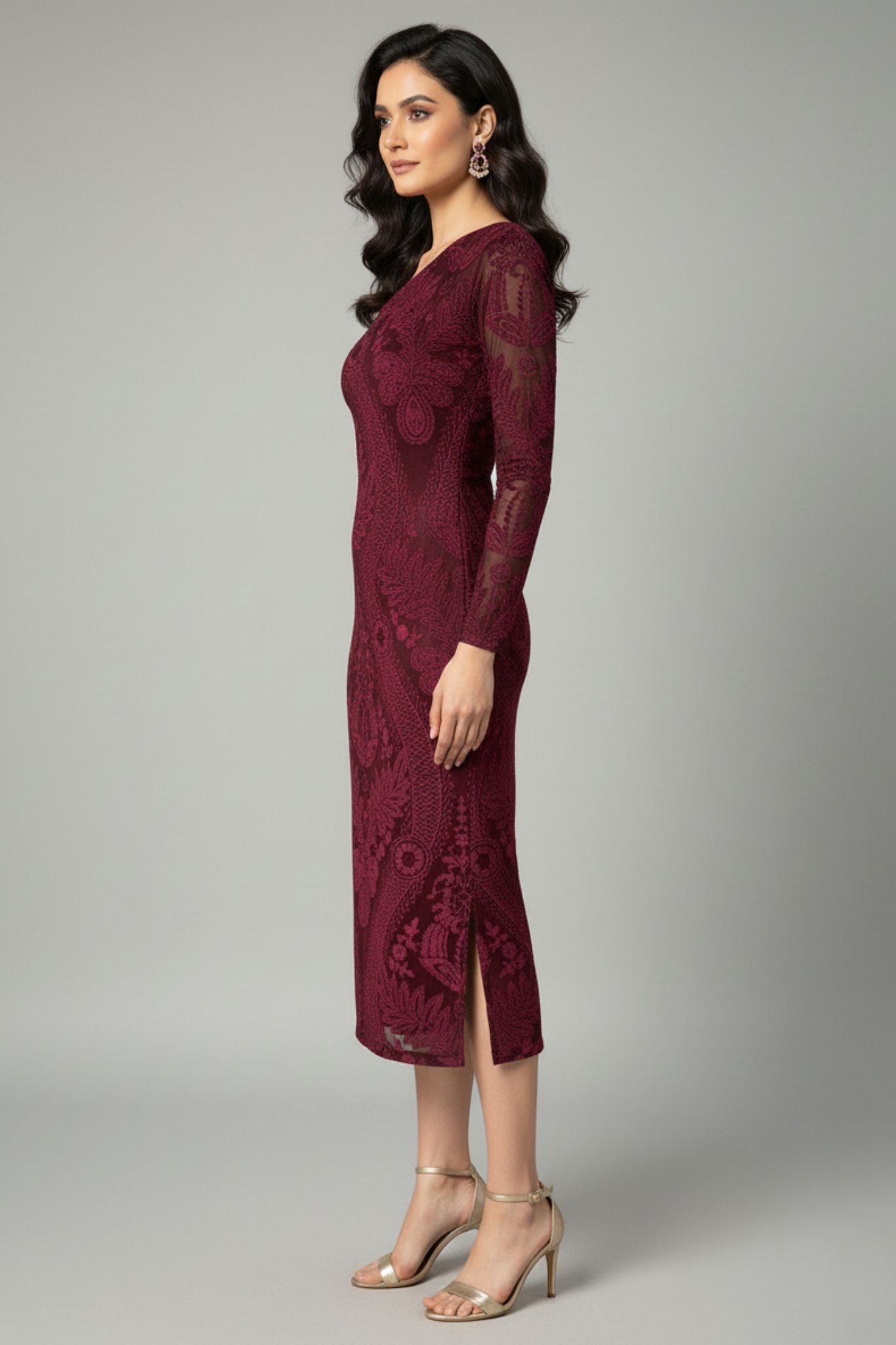 Velvet Burnout One-Shoulder Maroon Midi Dress