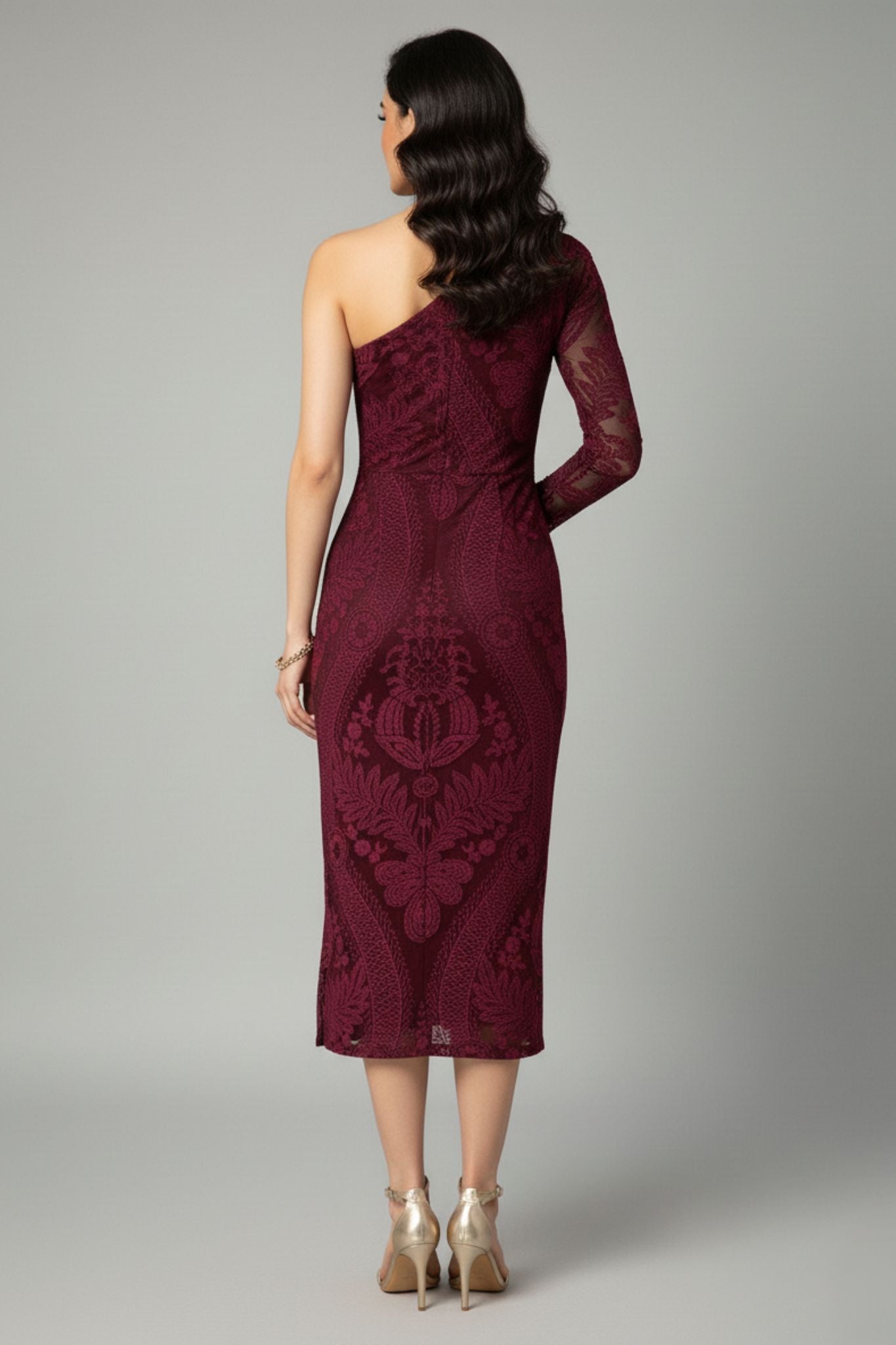 Velvet Burnout One-Shoulder Maroon Midi Dress