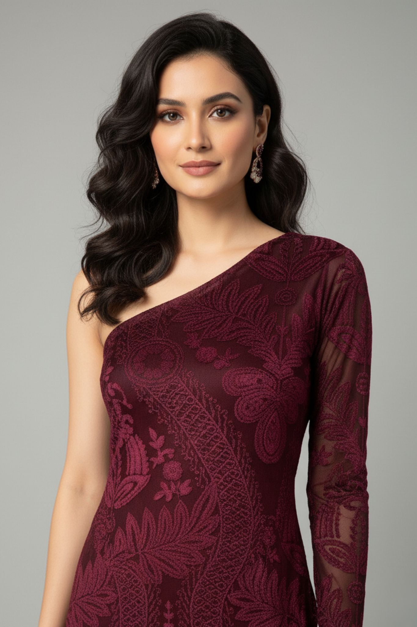 Velvet Burnout One-Shoulder Maroon Midi Dress