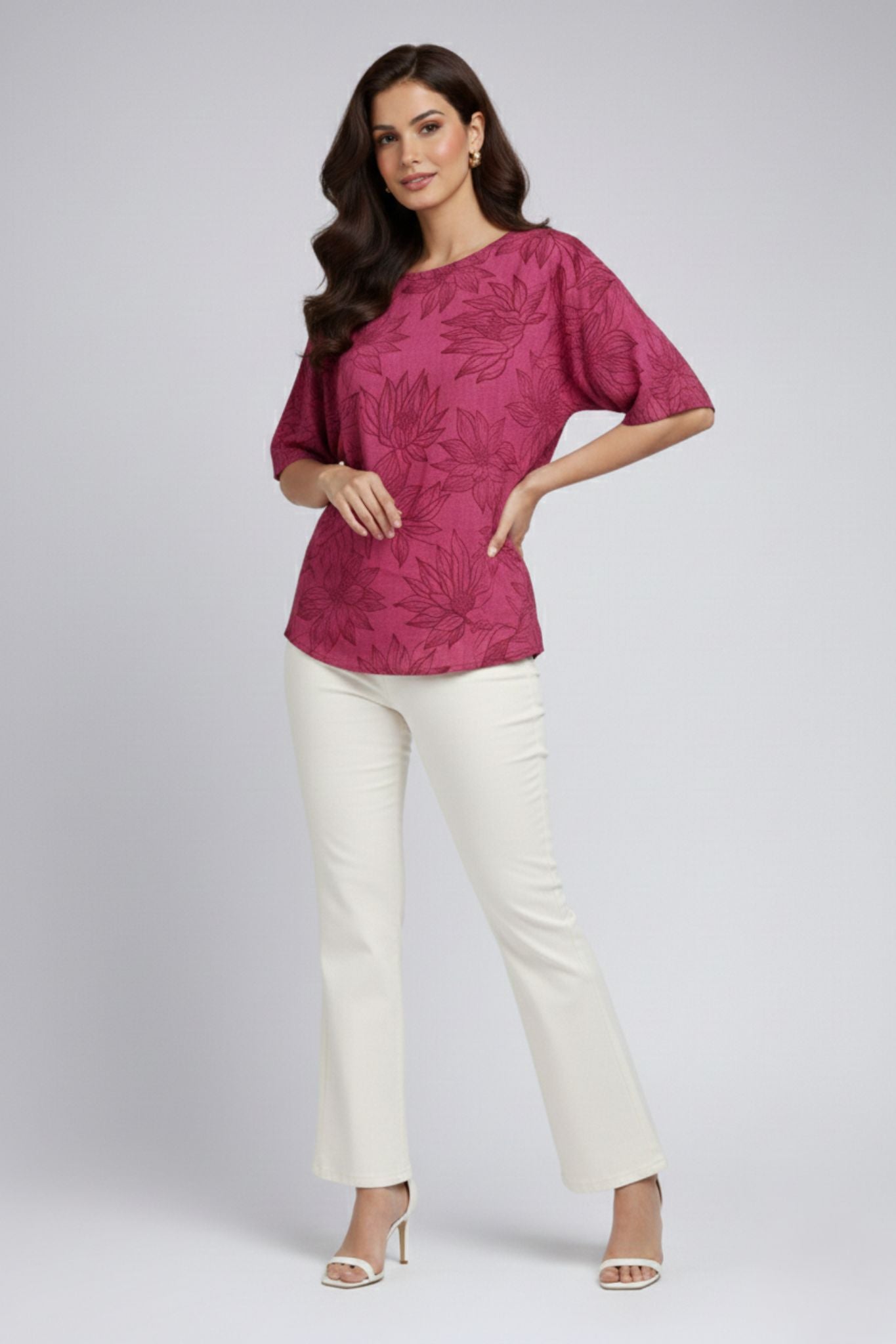 Floral Printed Round Neck Top – Maroon | Viscose Blend