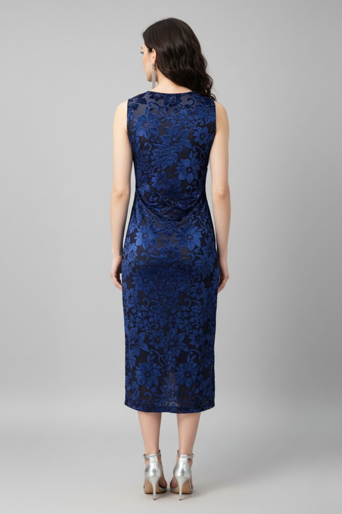 Velvet Burnout Blue Bodycon Midi Dress