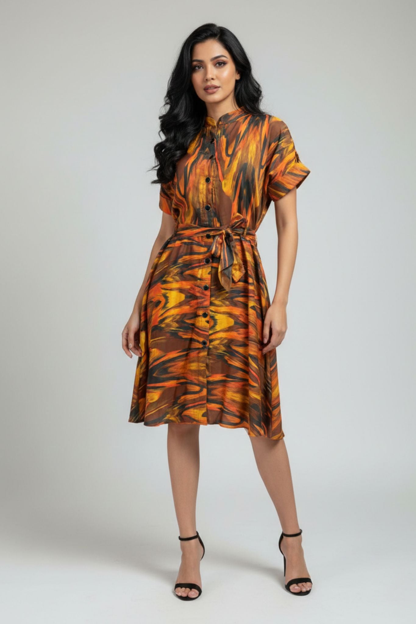 Mandarin Collar Button Down Dress – Multicolor | Modal